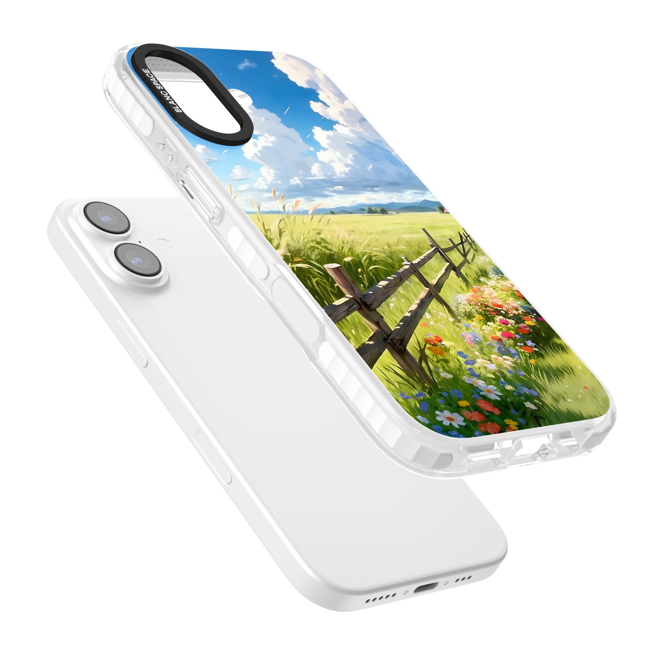 A Countryside Afternoon cottagecore iPhone case featuring a painted countryside meadow, wooden fence, and wildflowers beneath | Black Impact case for iPhone 17