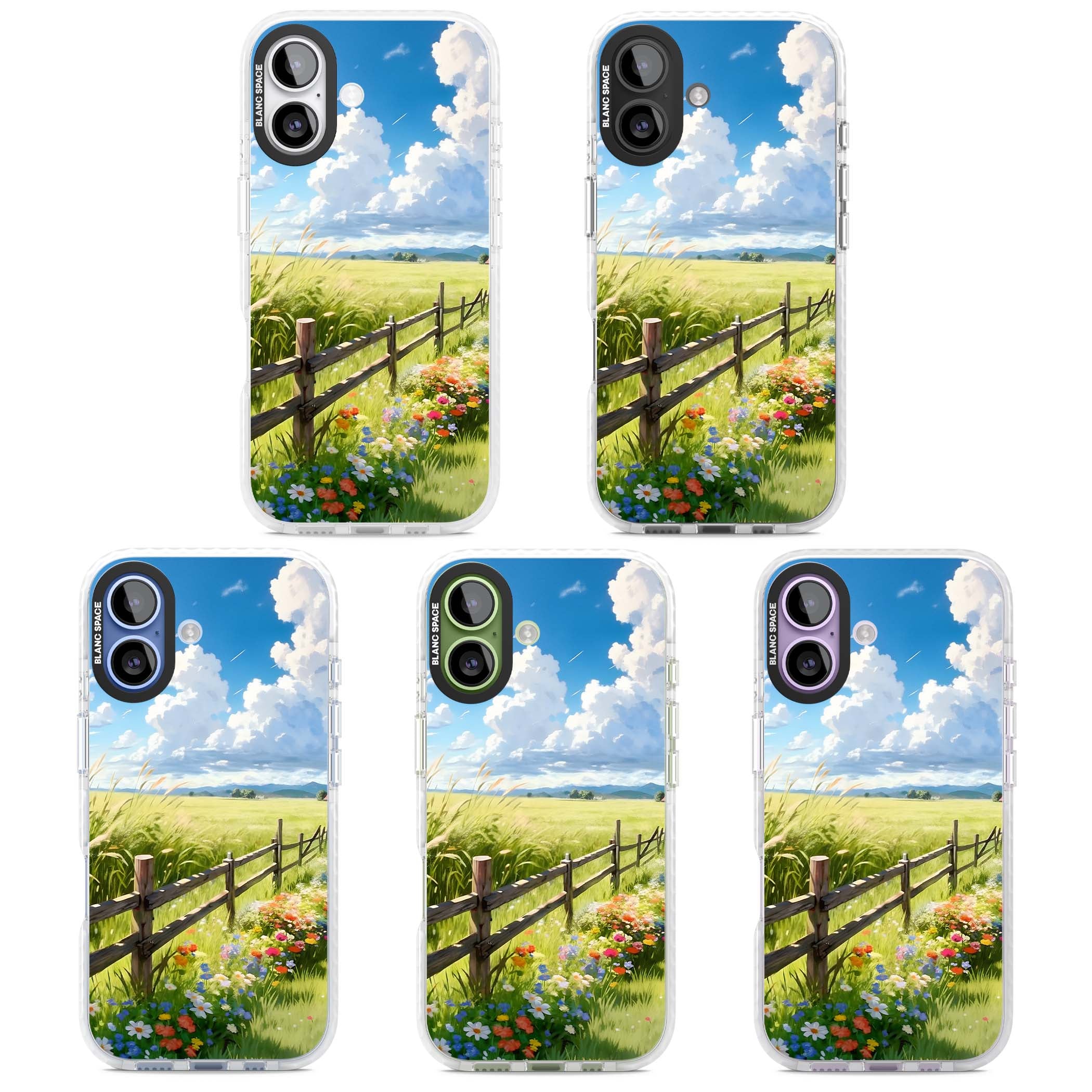 A Countryside Afternoon cottagecore iPhone case featuring a painted countryside meadow, wooden fence, and wildflowers beneath | Black Impact case for iPhone 17