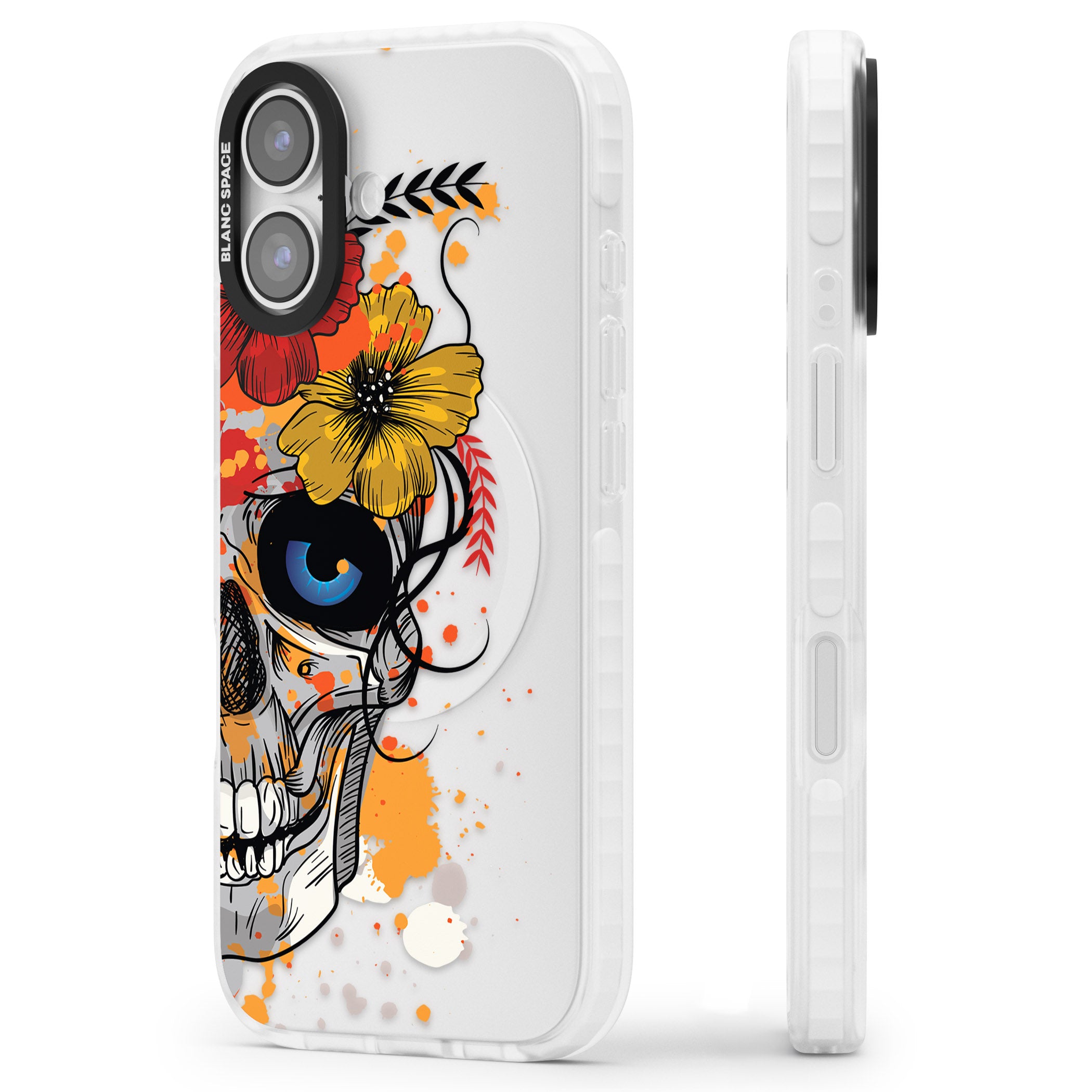 Sugar Skull Flowers iPhone 17 Impact Clear Phone Case Side Profile
