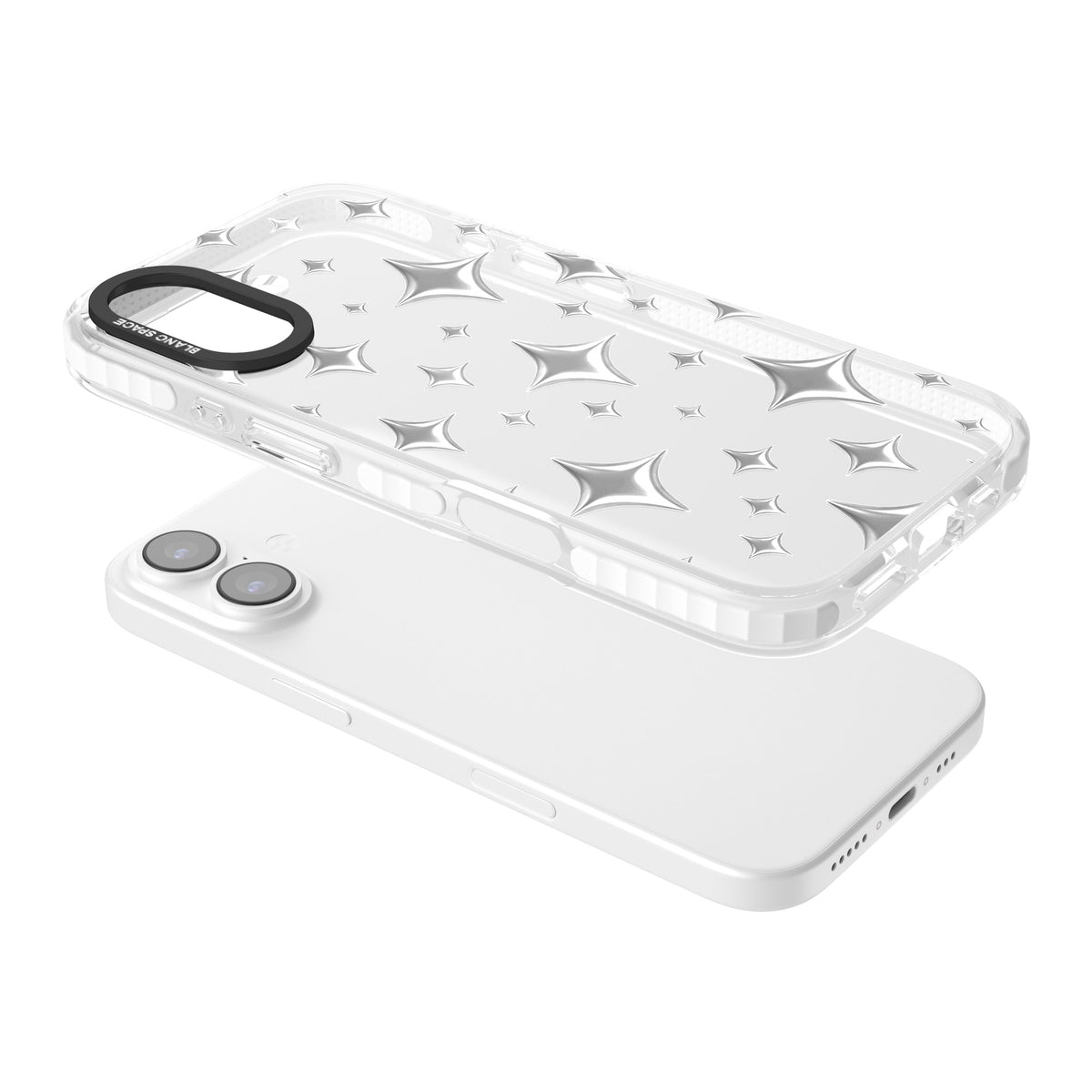 Chrome Puff Sparkle Pattern iPhone 16 / iPhone 16 Plus / iPhone 17 Impact Clear Phone Case angled