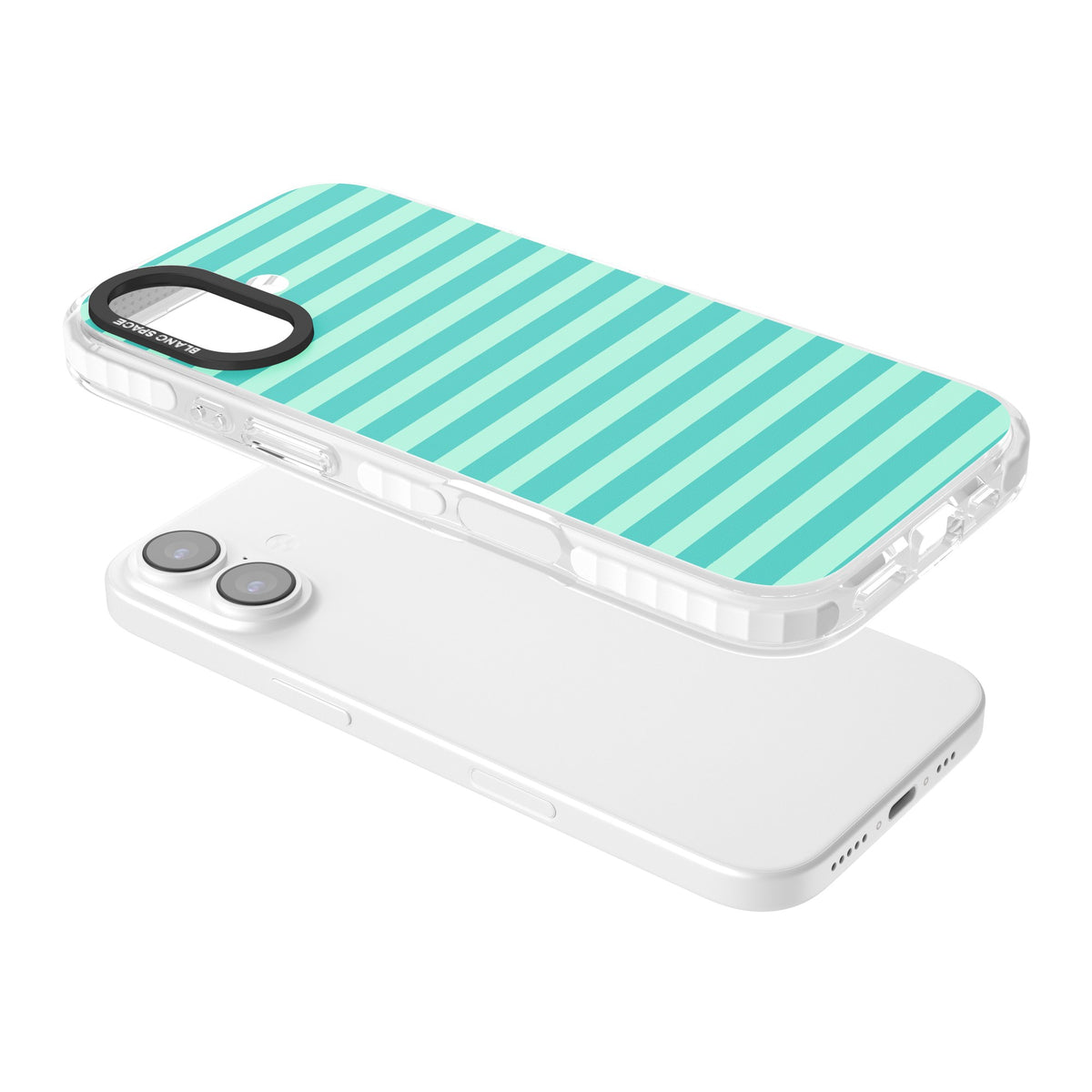 Turquoise Stripe preppy iPhone case featuring horizontal teal and mint green stripes on a black protective frame iPhone 16 / iPhone 16 Plus / iPhone 17 Impact Clear Phone Case angled