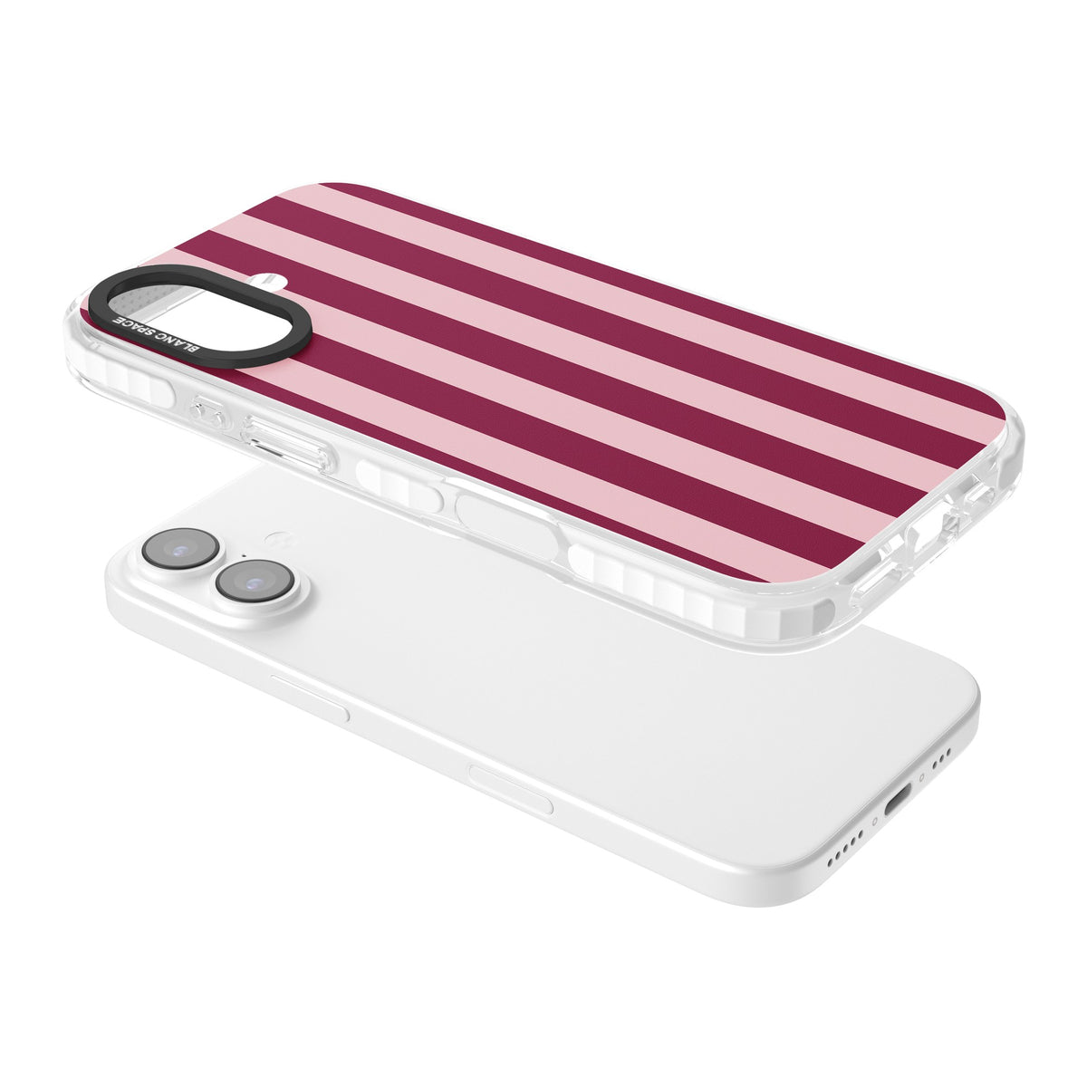 Bordeaux Belle preppy iPhone case featuring bold vertical stripes in burgundy and soft blush pink iPhone 16 / iPhone 16 Plus / iPhone 17 Impact Clear Phone Case angled