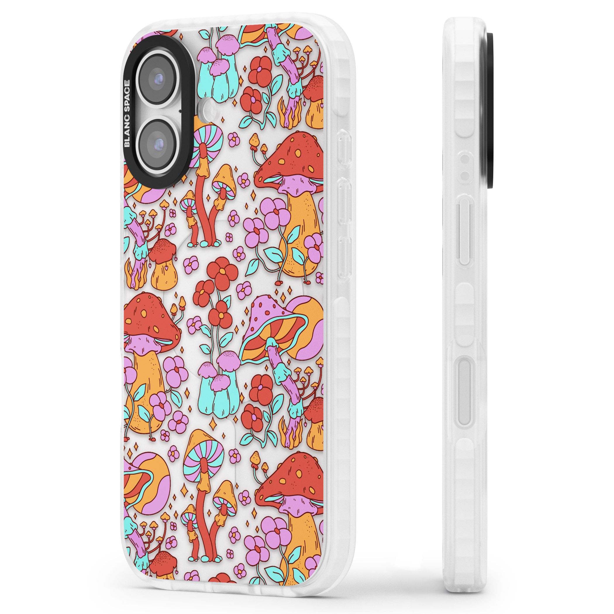 Psychedelic Flowers & Mushrooms iPhone 17 Impact Clear Phone Case Side Profile