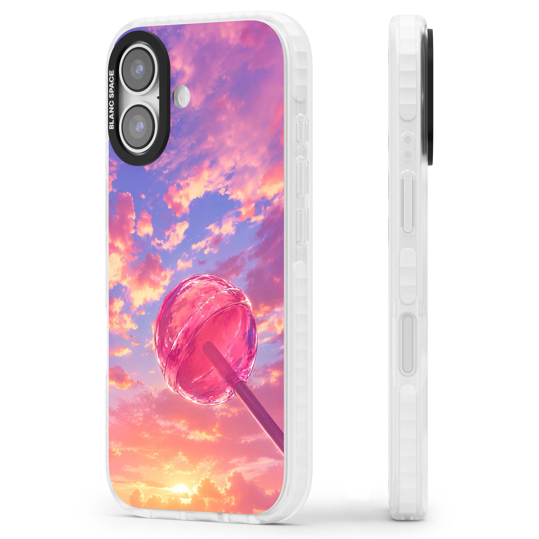 Sugar Sunset candy aesthetic iPhone case featuring a pink lollipop, pastel sunset sky and dreamy clouds | Black Impact case for iPhone 17