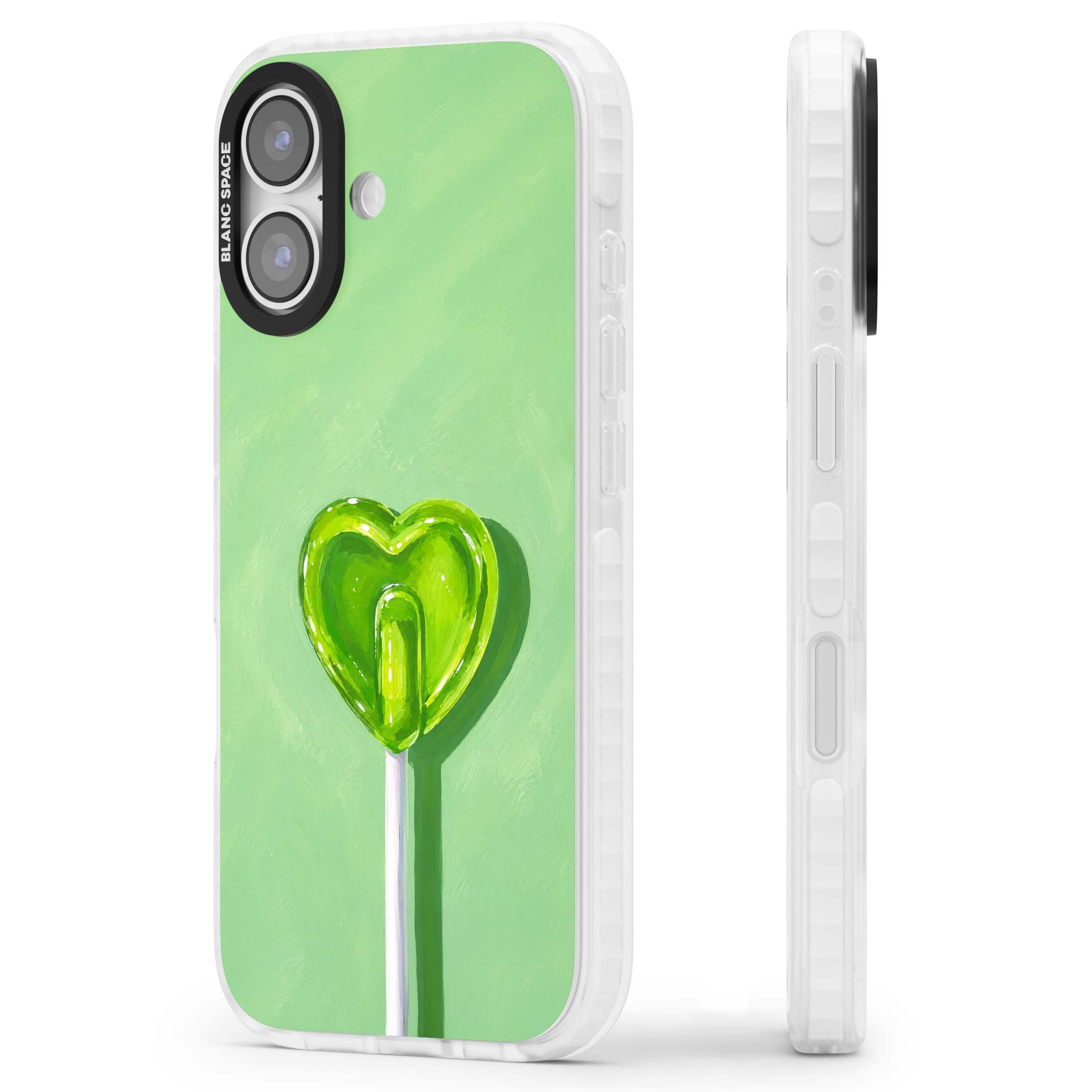 Green Lollipop candy art iPhone case featuring a glossy green heart-shaped lollipop on a painted pastel green background | Black Impact case for iPhone 17