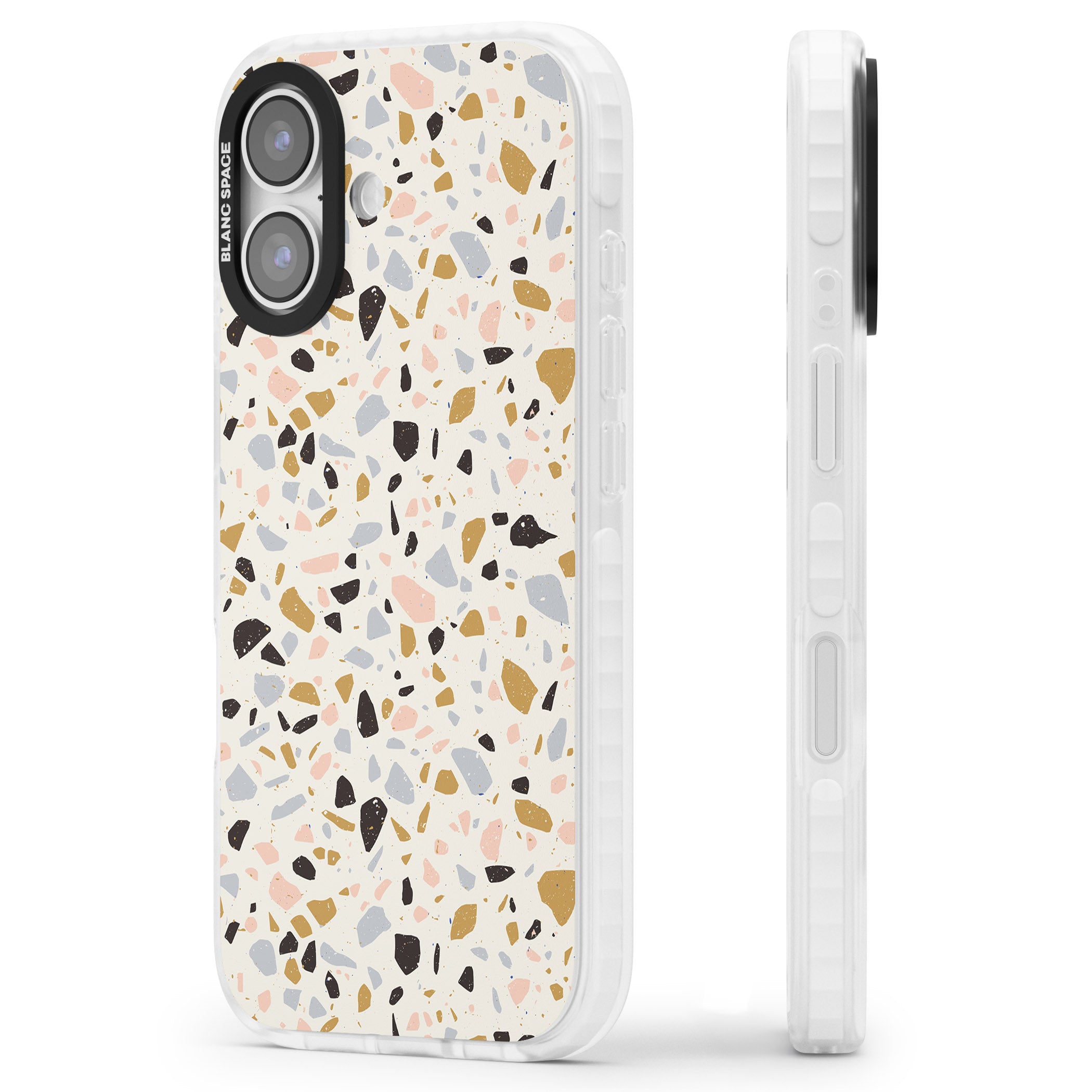 Pale Pink, Blue, & Mocha Terrazzo Pattern iPhone 17 Impact Clear Phone Case Side Profile