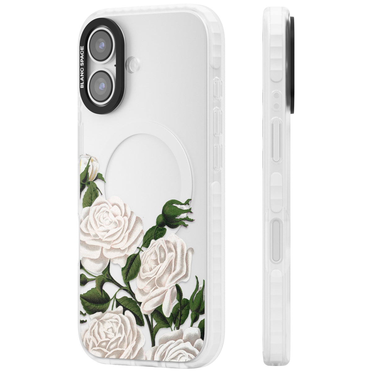White Vintage Painted Flowers iPhone 16 / iPhone 16 Plus / iPhone 17 Impact Clear Phone Case side