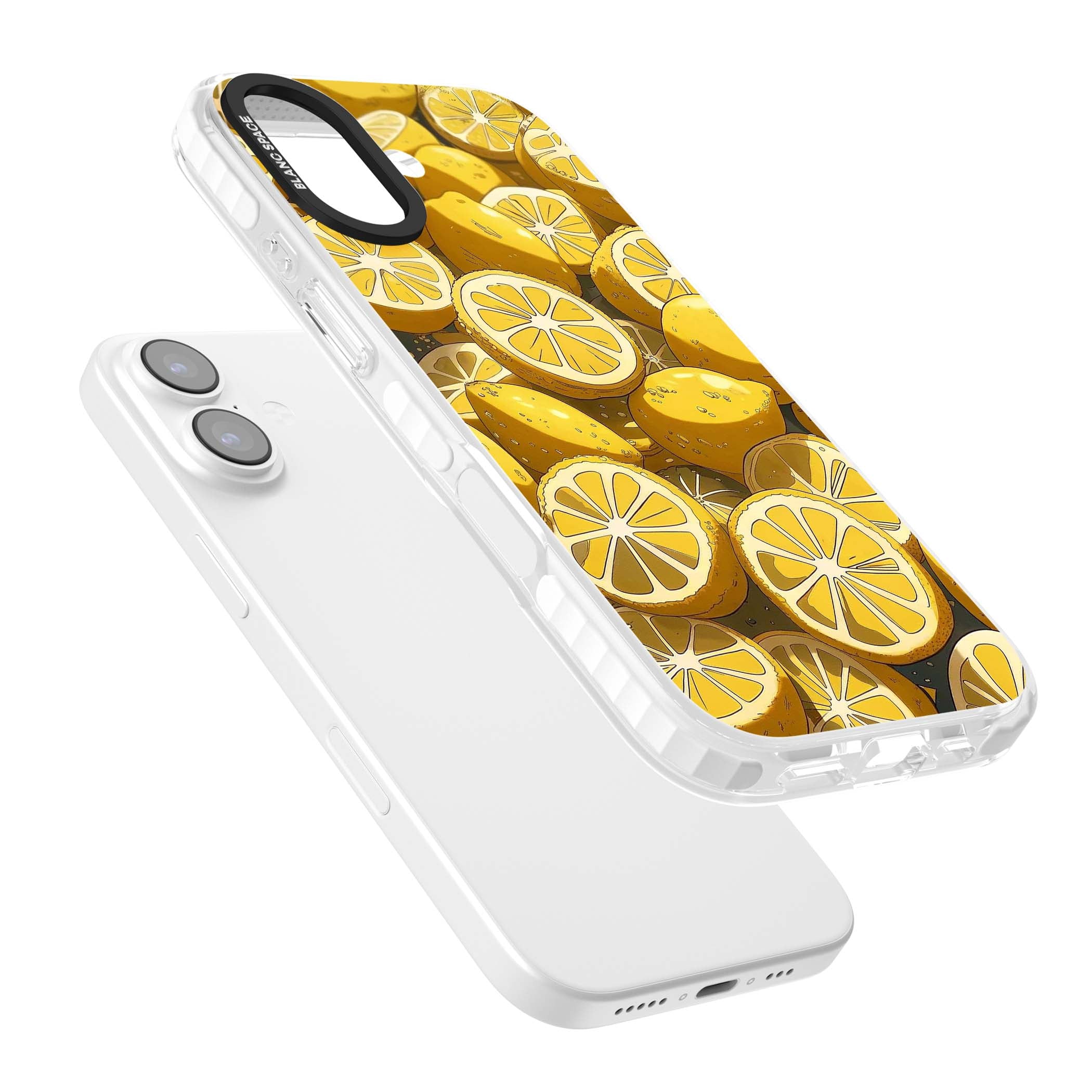 Zesty coastal iPhone case featuring illustrated Mediterranean lemons and citrus slices in golden yellow | Black Impact case for iPhone 17