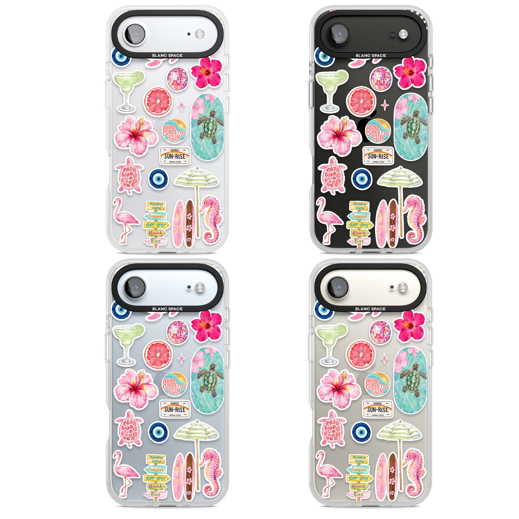 Aloha Sticker Mix tropical summer iPhone case featuring pink hibiscus, sea turtles, flamingo and beach umbrella stickers | Clear Case Impact Air case for iPhone Air