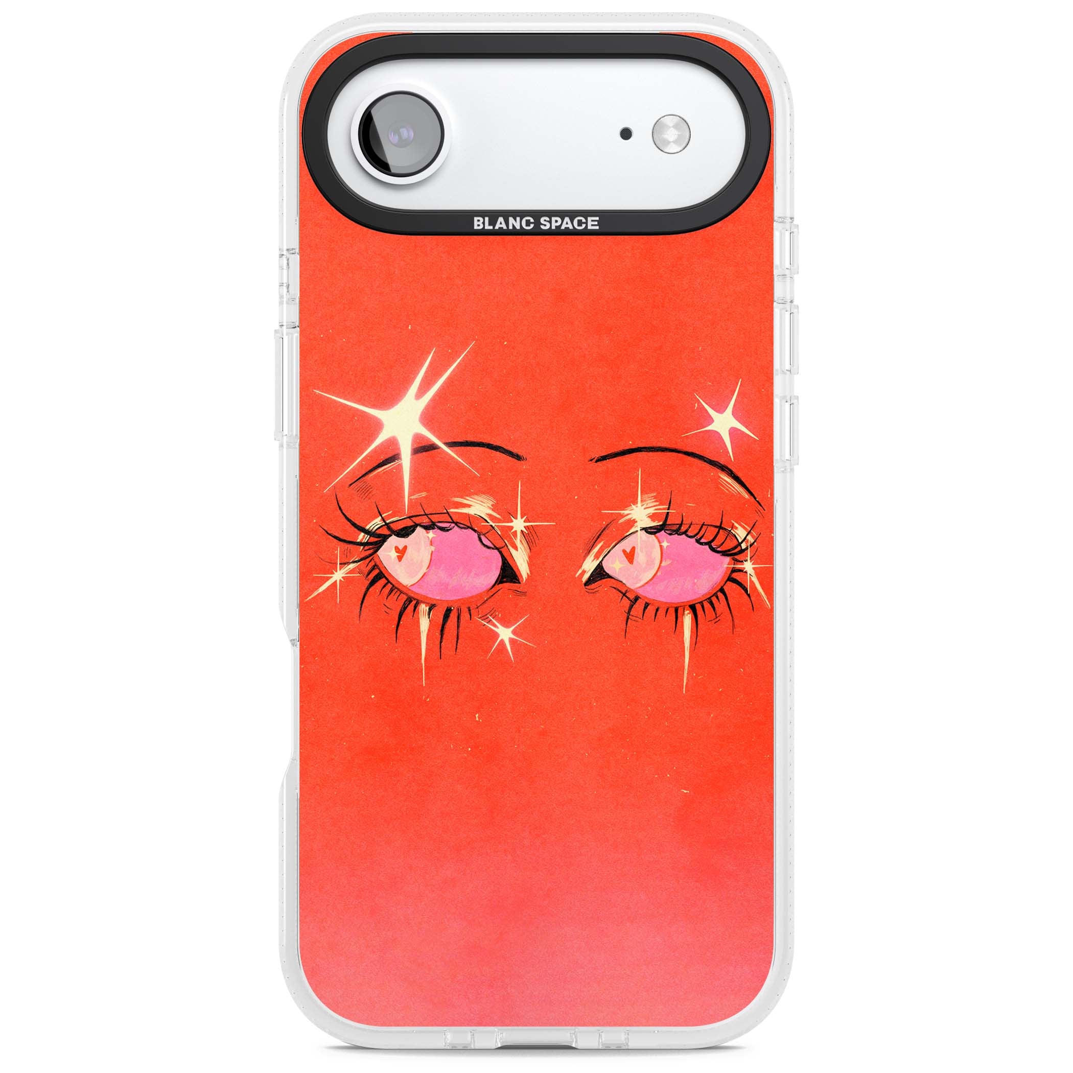 Pink Ethereal Eyes anime iPhone case featuring hand-drawn sparkly eyes with pink hearts and gold stars on red | Clear Case Impact Air case for iPhone Air