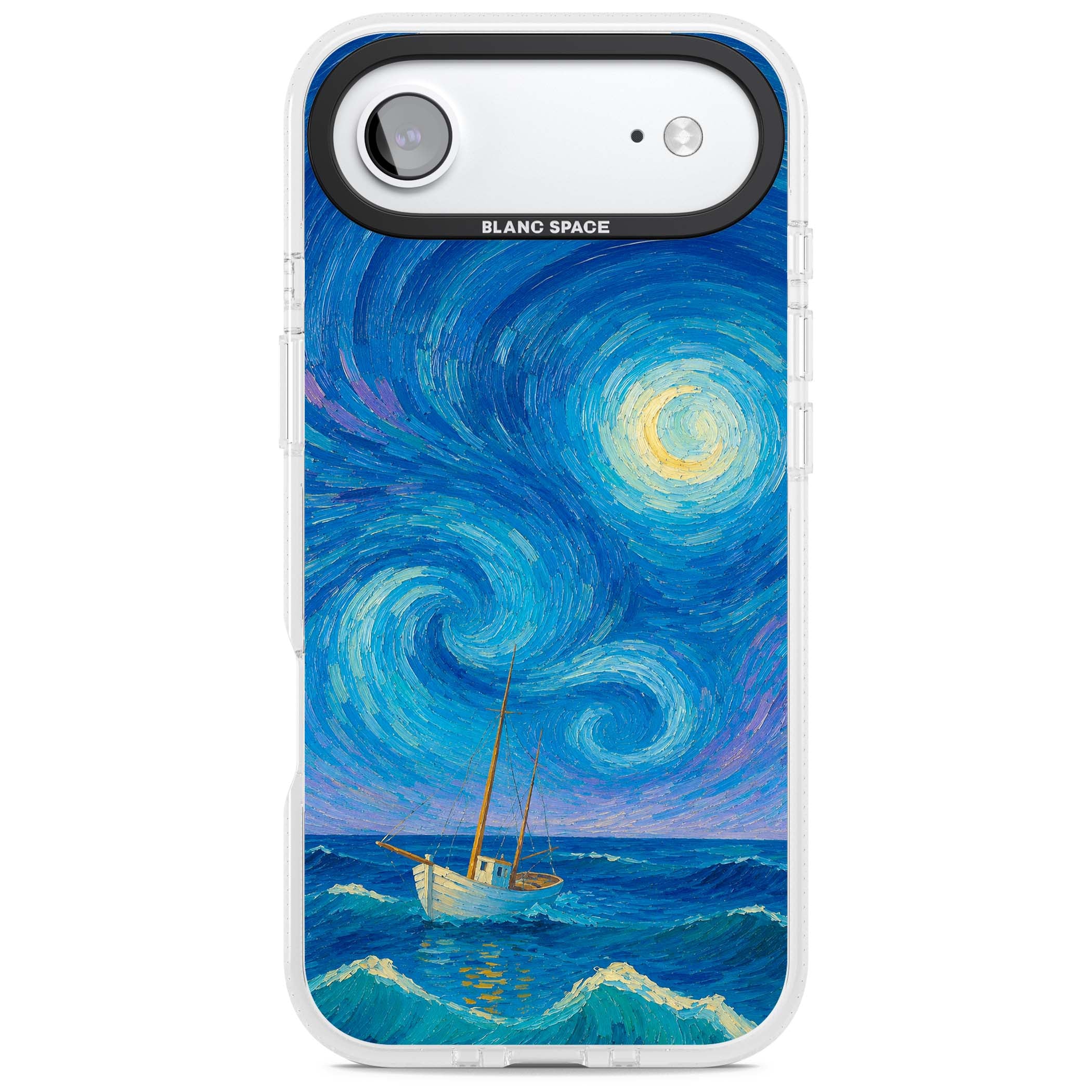 Moonlit Tide Van Gogh art iPhone case featuring swirling starry night sky, glowing moon and lone sailing boat at sea | Clear Case Impact Air case for iPhone Air