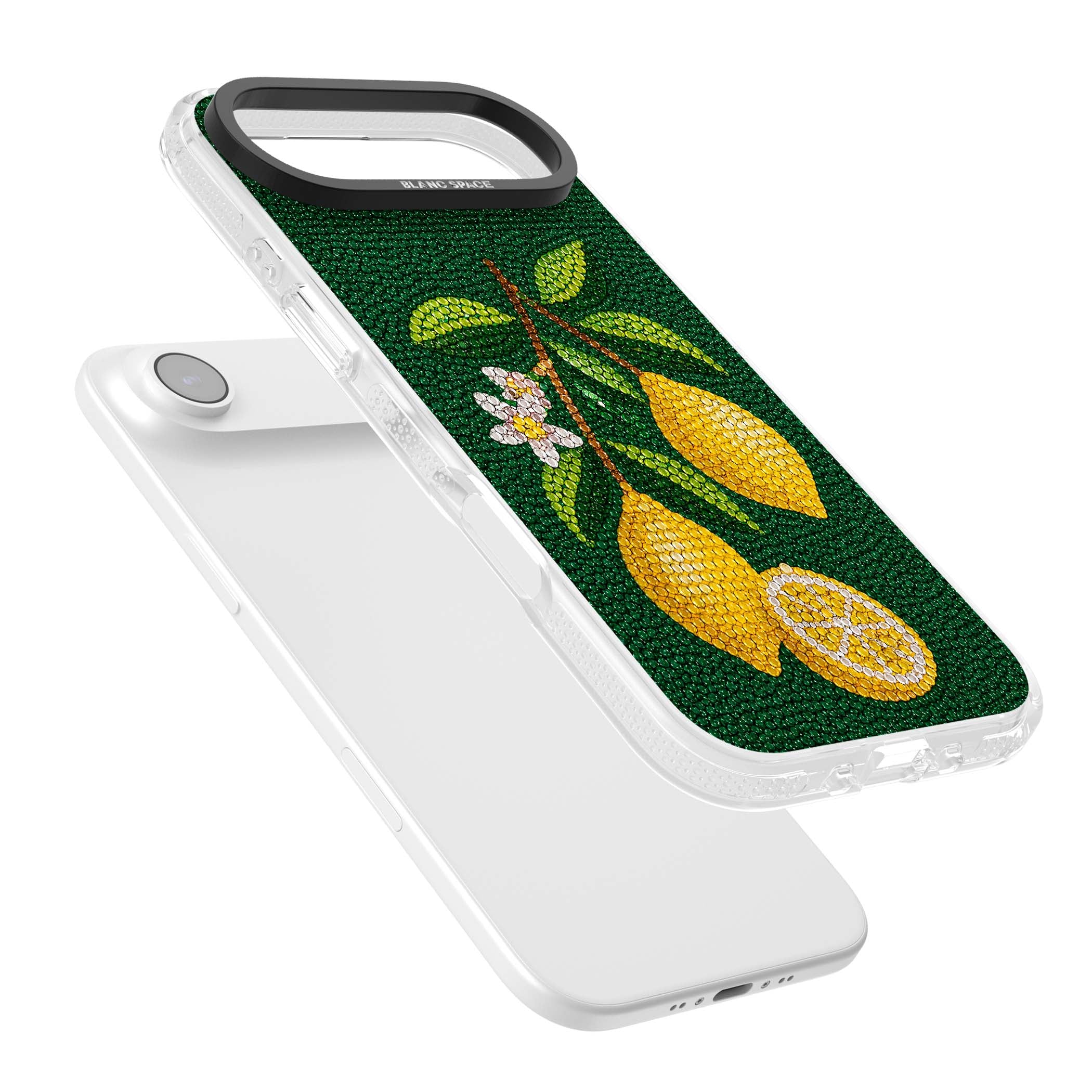 Beaded Lemons coastal iPhone case featuring crystal-beaded lemons, citrus blossom and green leaves on emerald ground | Clear Case Impact Air case for iPhone Air