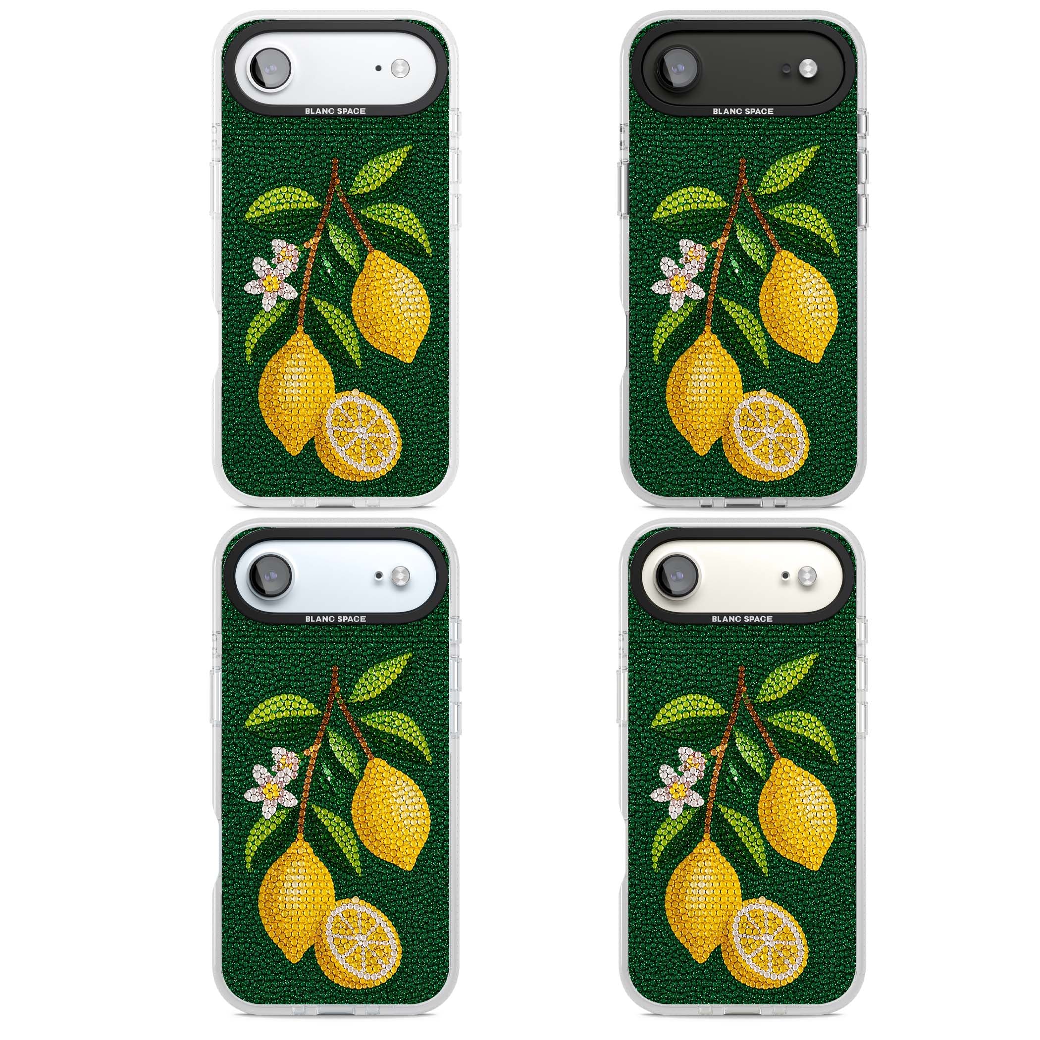 Beaded Lemons coastal iPhone case featuring crystal-beaded lemons, citrus blossom and green leaves on emerald ground | Clear Case Impact Air case for iPhone Air