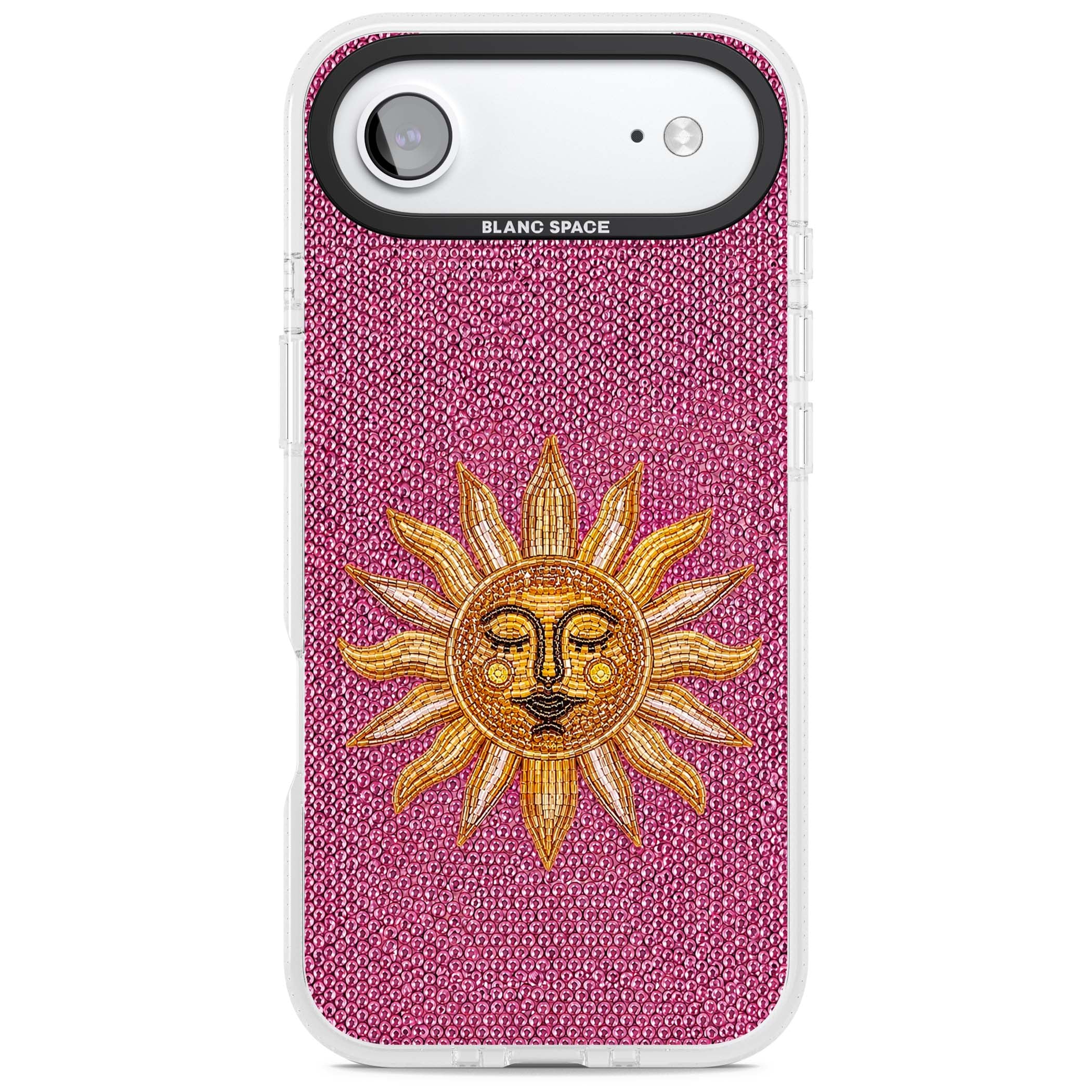 Beaded Sun celestial iPhone case featuring a golden beaded sun face with radiant rays on hot pink beaded background | Clear Case Impact Air case for iPhone Air