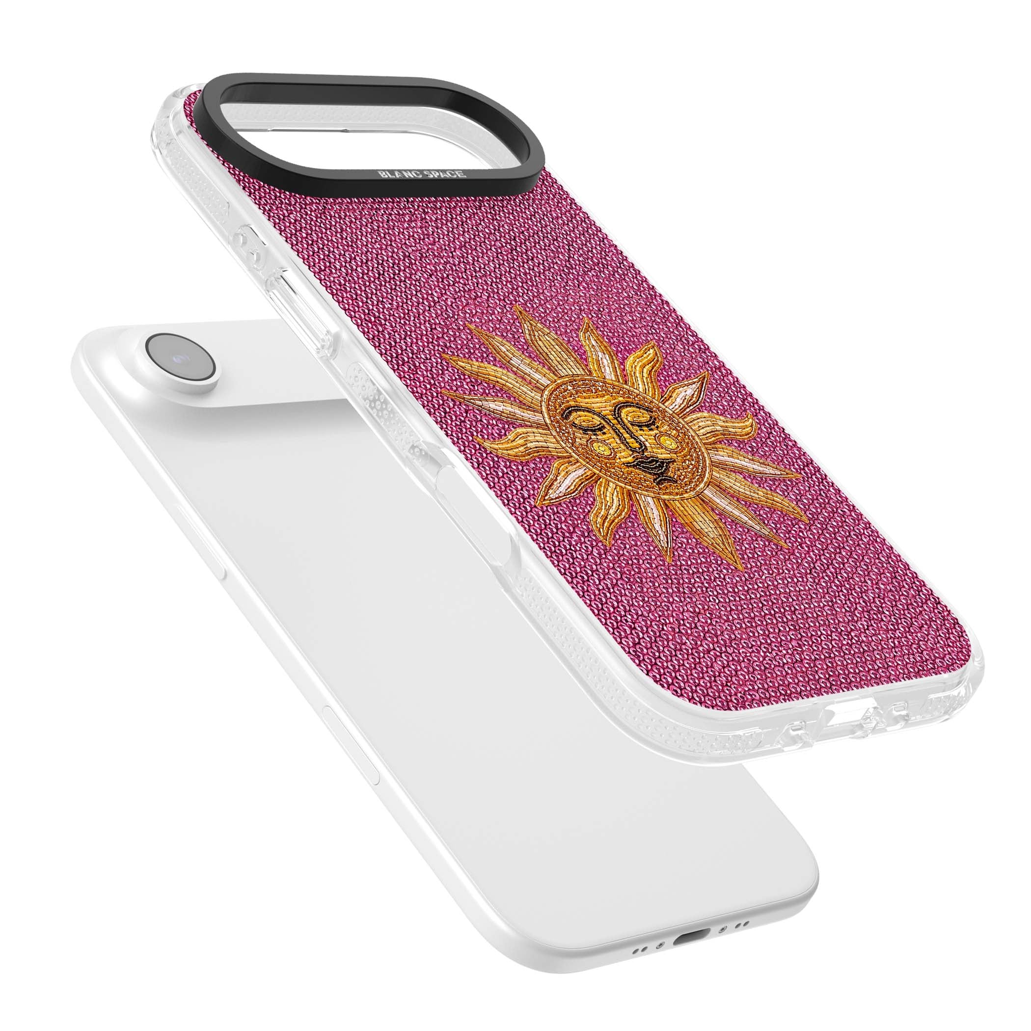 Beaded Sun celestial iPhone case featuring a golden beaded sun face with radiant rays on hot pink beaded background | Clear Case Impact Air case for iPhone Air