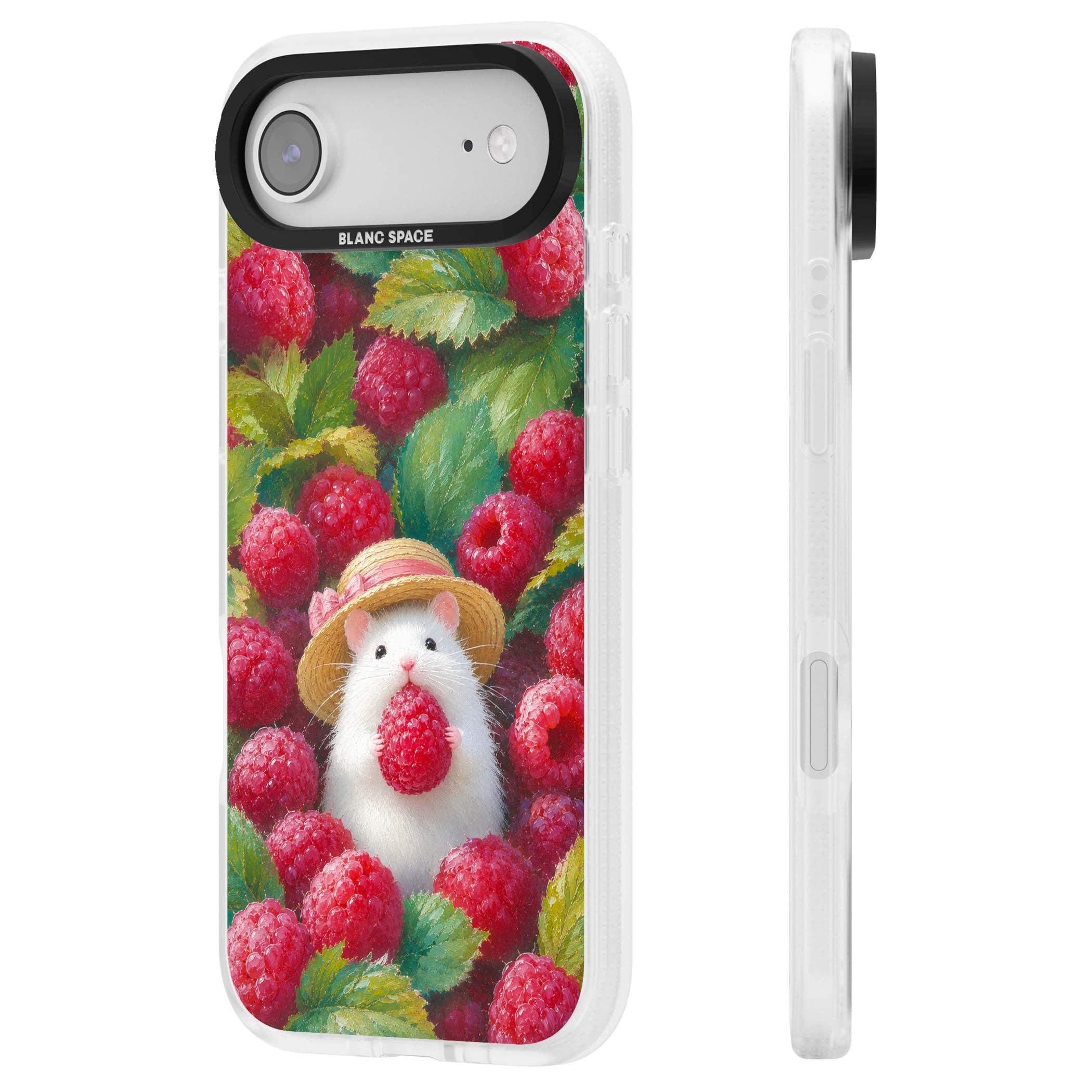Berry Forager cottagecore iPhone case featuring a white hamster in a straw hat holding a raspberry surrounded by ripe ber | Clear Case Impact Air case for iPhone Air