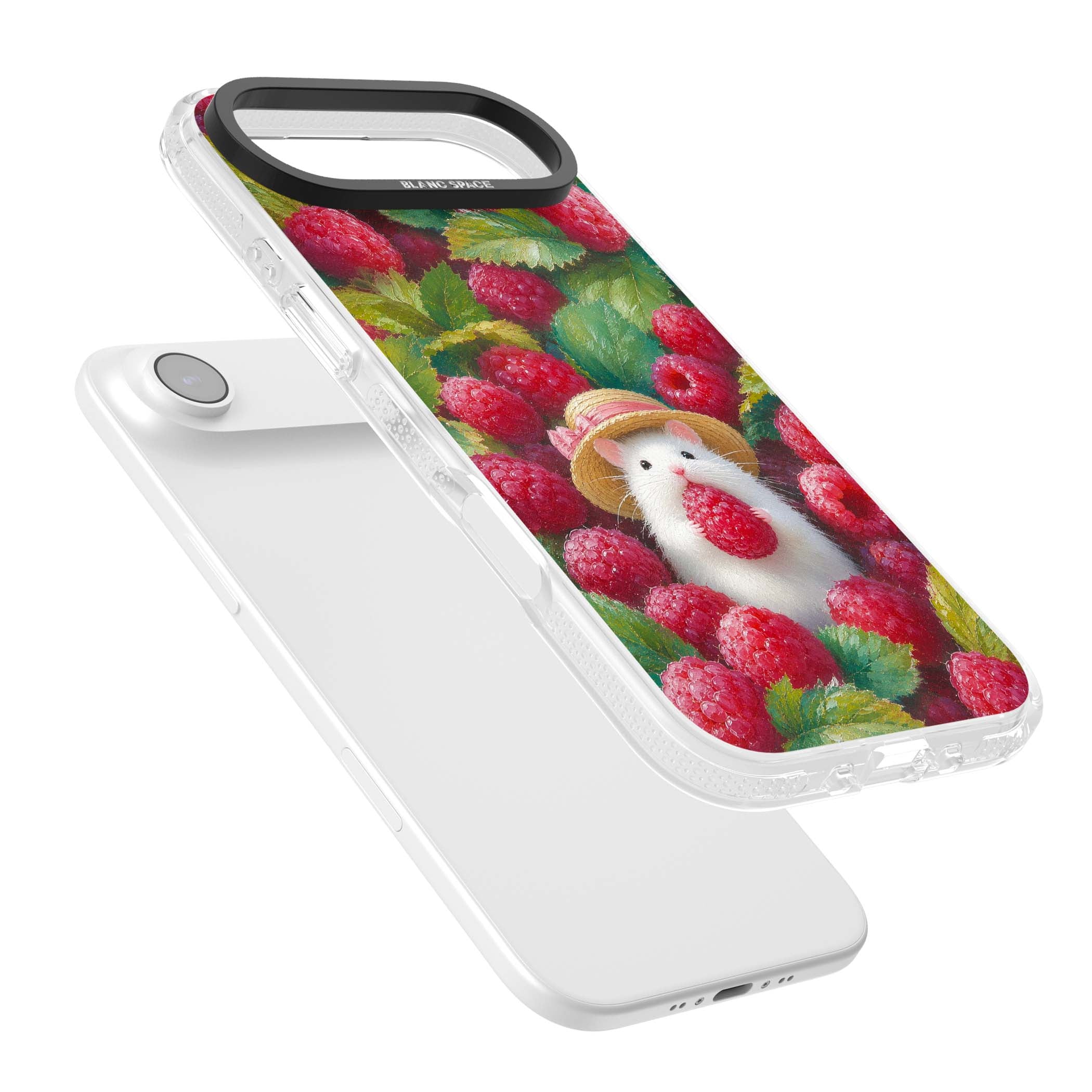 Berry Forager cottagecore iPhone case featuring a white hamster in a straw hat holding a raspberry surrounded by ripe ber | Clear Case Impact Air case for iPhone Air