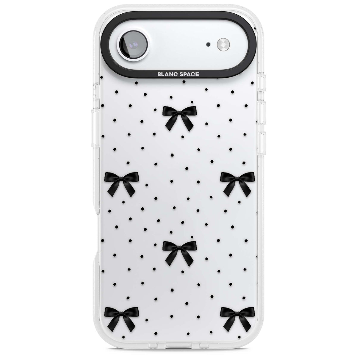 Black Polka Bows coquette iPhone case featuring scattered black satin bows and tiny polka dots on a clear base | Clear Case Impact Air case for iPhone Air