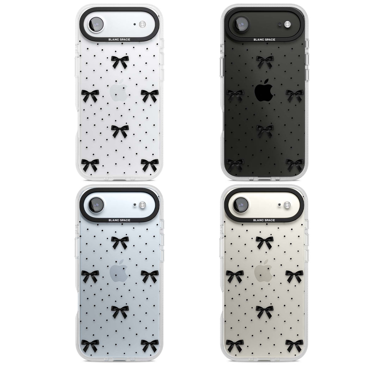 Black Polka Bows coquette iPhone case featuring scattered black satin bows and tiny polka dots on a clear base | Clear Case Impact Air case for iPhone Air