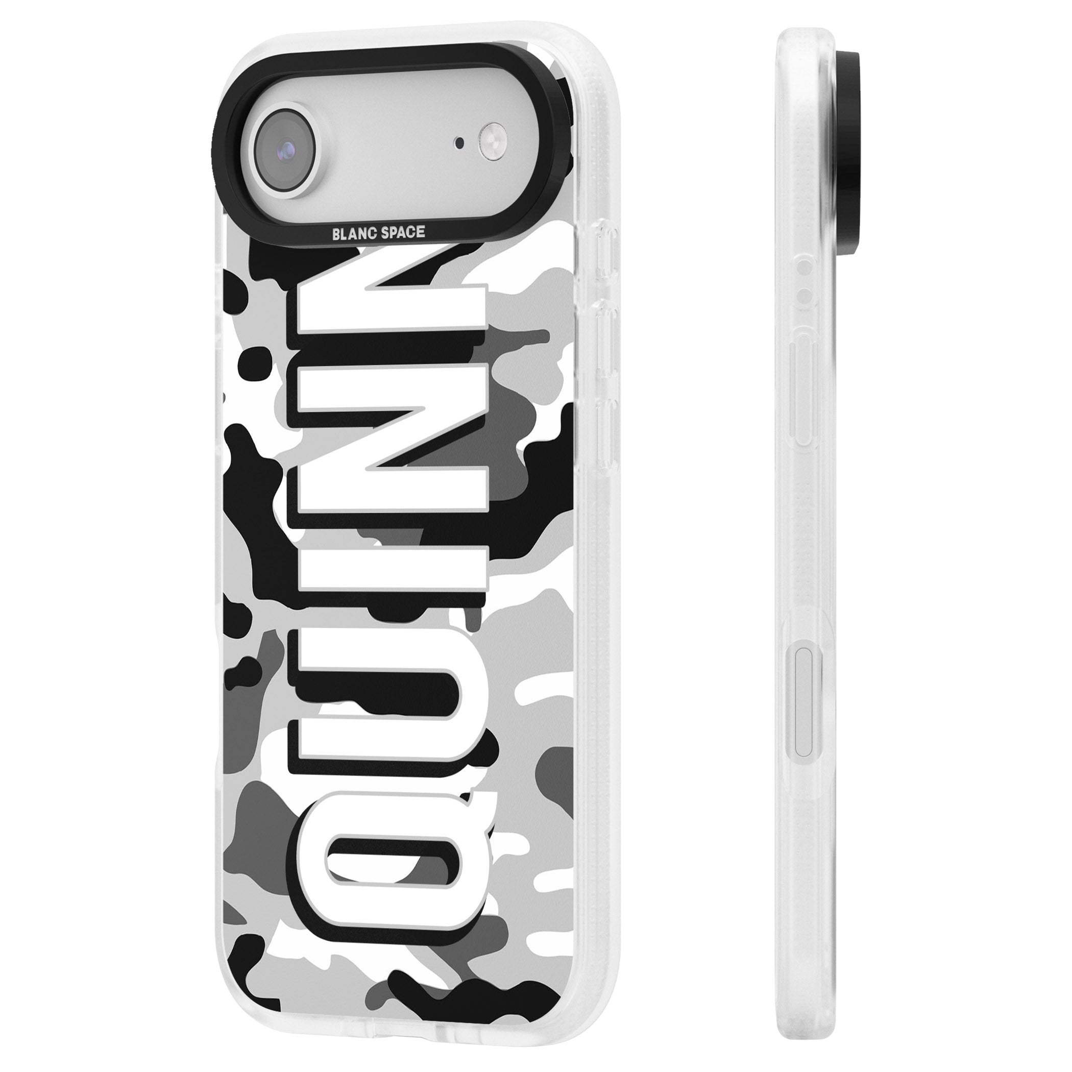 Personalised Greyscale Camo iPhone 17 Air Impact Air Clear Phone Case Side Profile