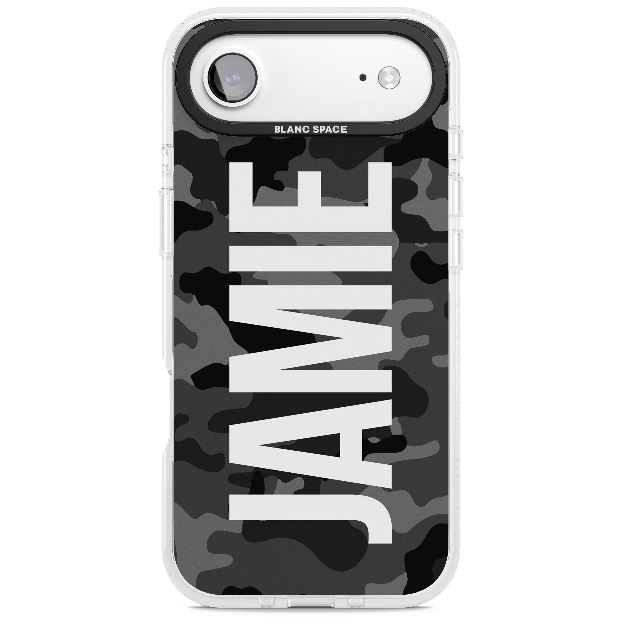 Personalised Black Camo Name Vertical iPhone 17 Air Impact Air Clear Phone Case
