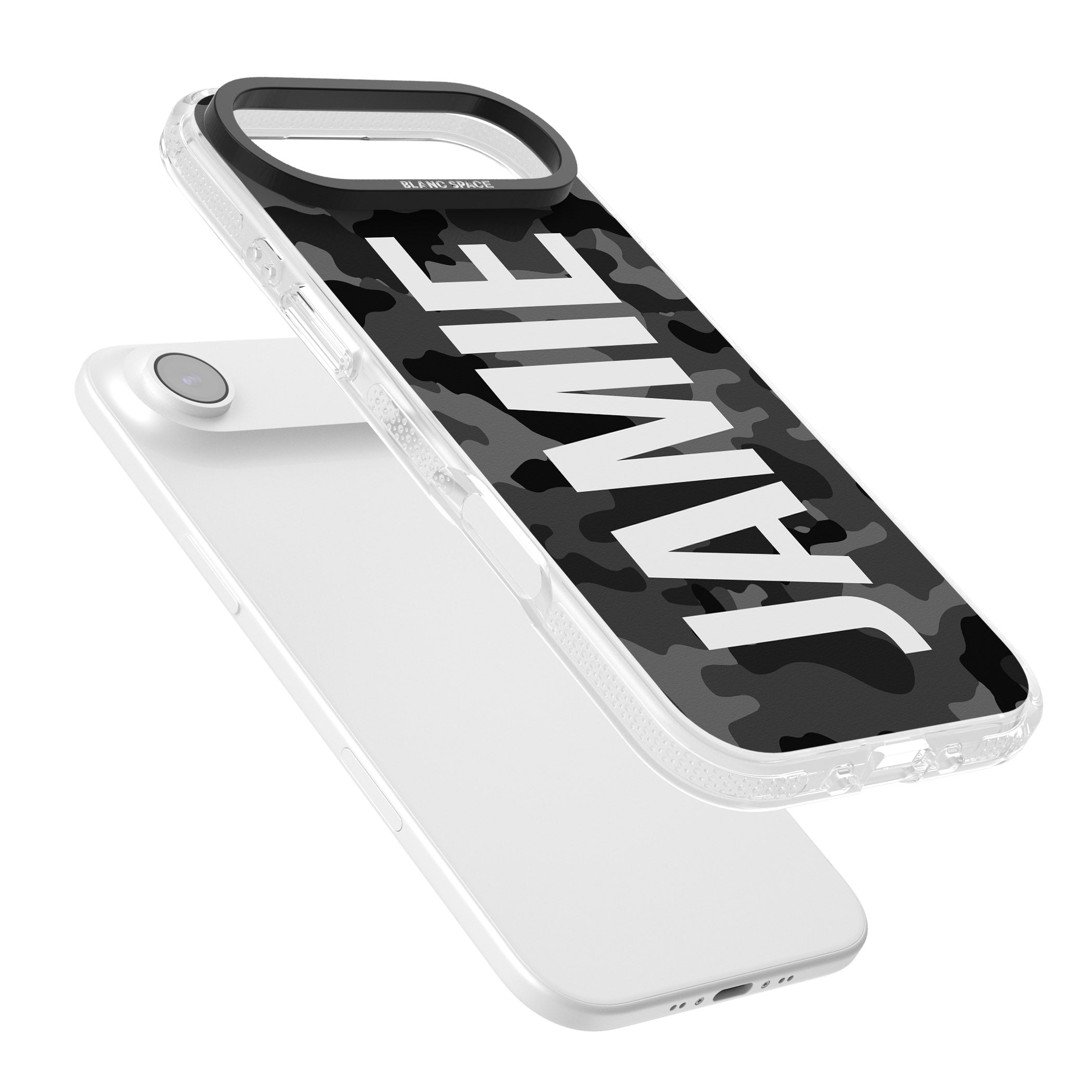 Personalised Black Camo Name Vertical iPhone 17 Air Impact Air Clear Phone Case Colours
