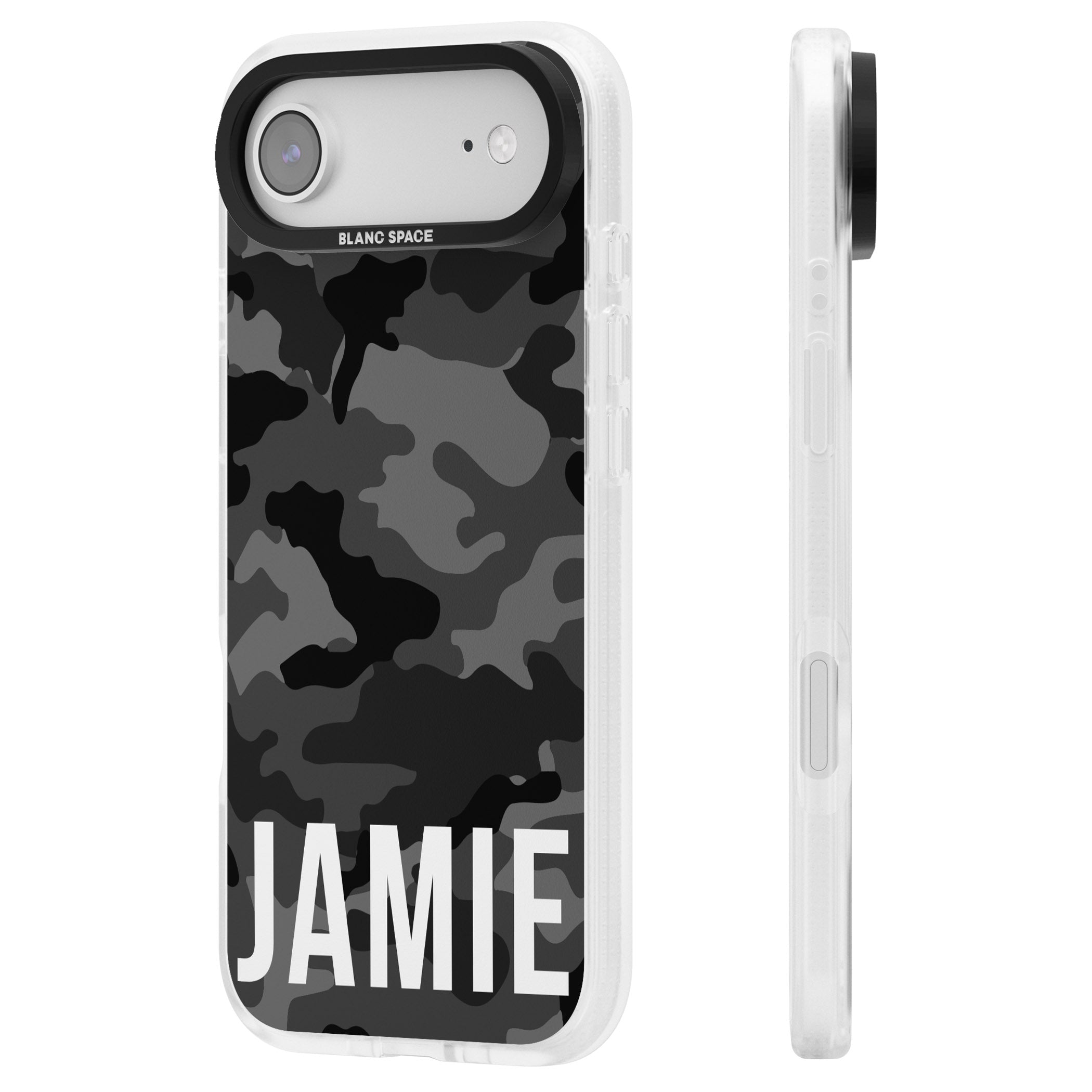 Personalised Black Camo Name Horizontal iPhone 17 Air Impact Air Clear Phone Case Side Profile