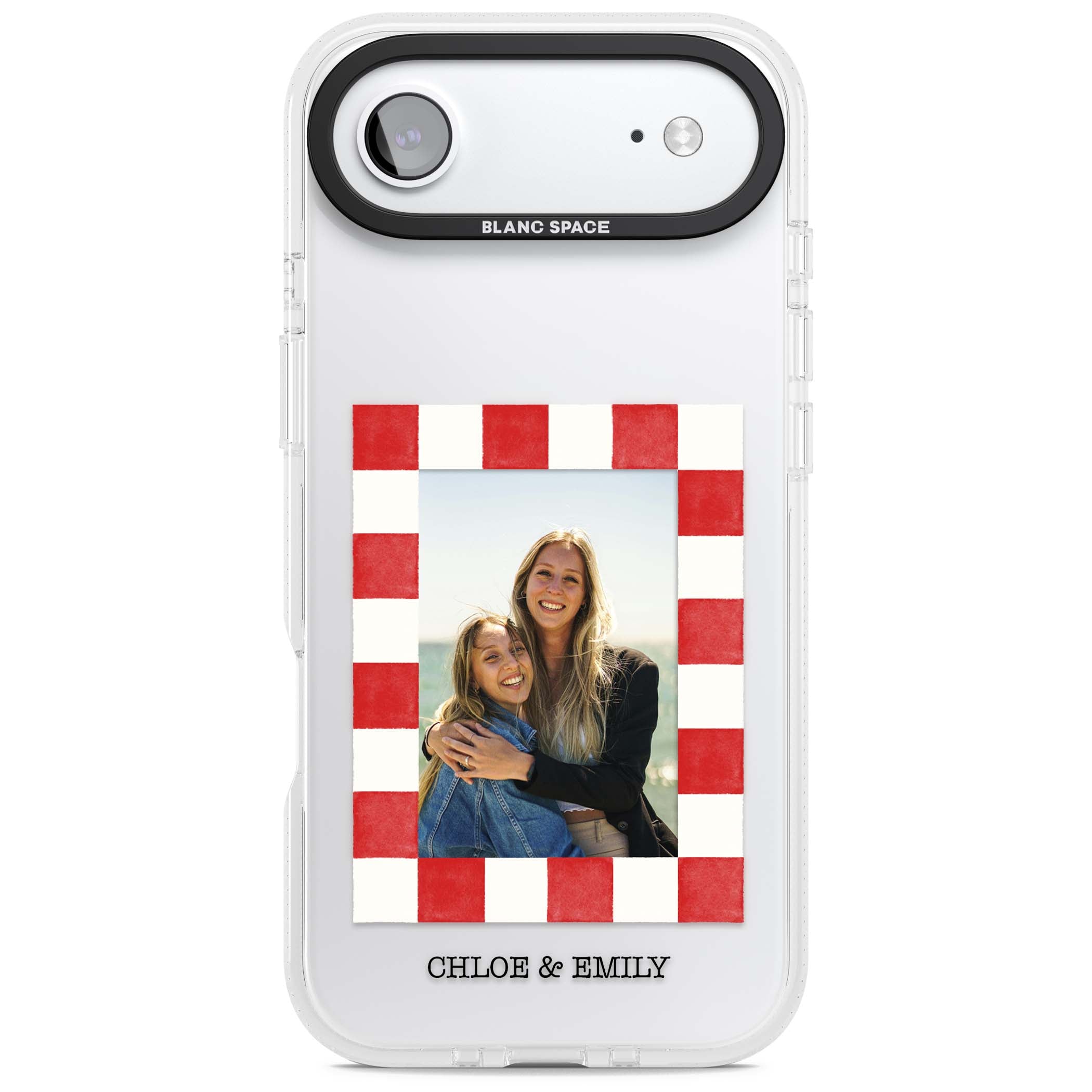 Red Check Photo personalised photo iPhone case with red and white checkered polaroid frame and custom couple name | Clear Case Impact Air case for iPhone Air