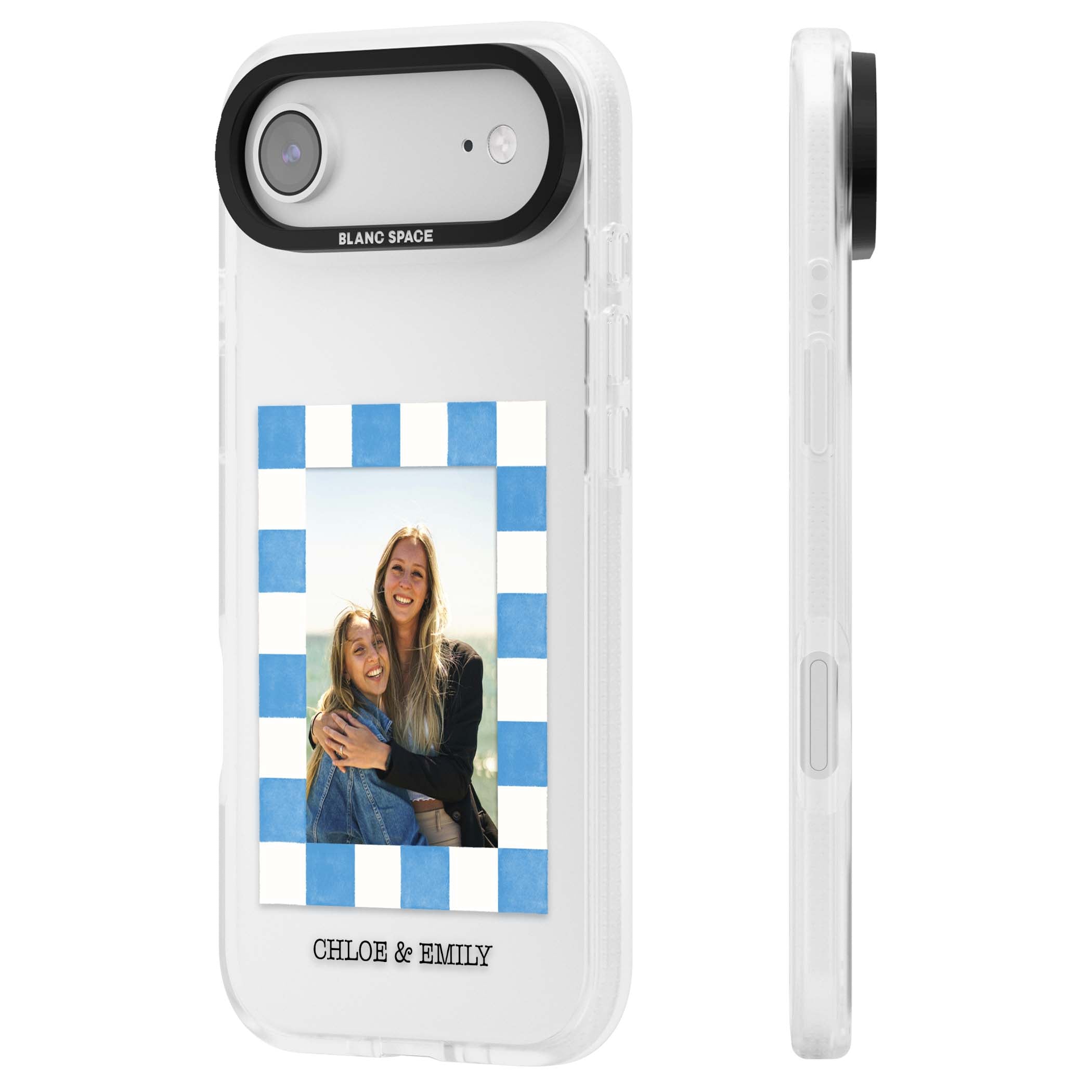 Blue Check Photo personalised photo iPhone case with blue checkered frame and custom couple names | Clear Case Impact Air case for iPhone Air