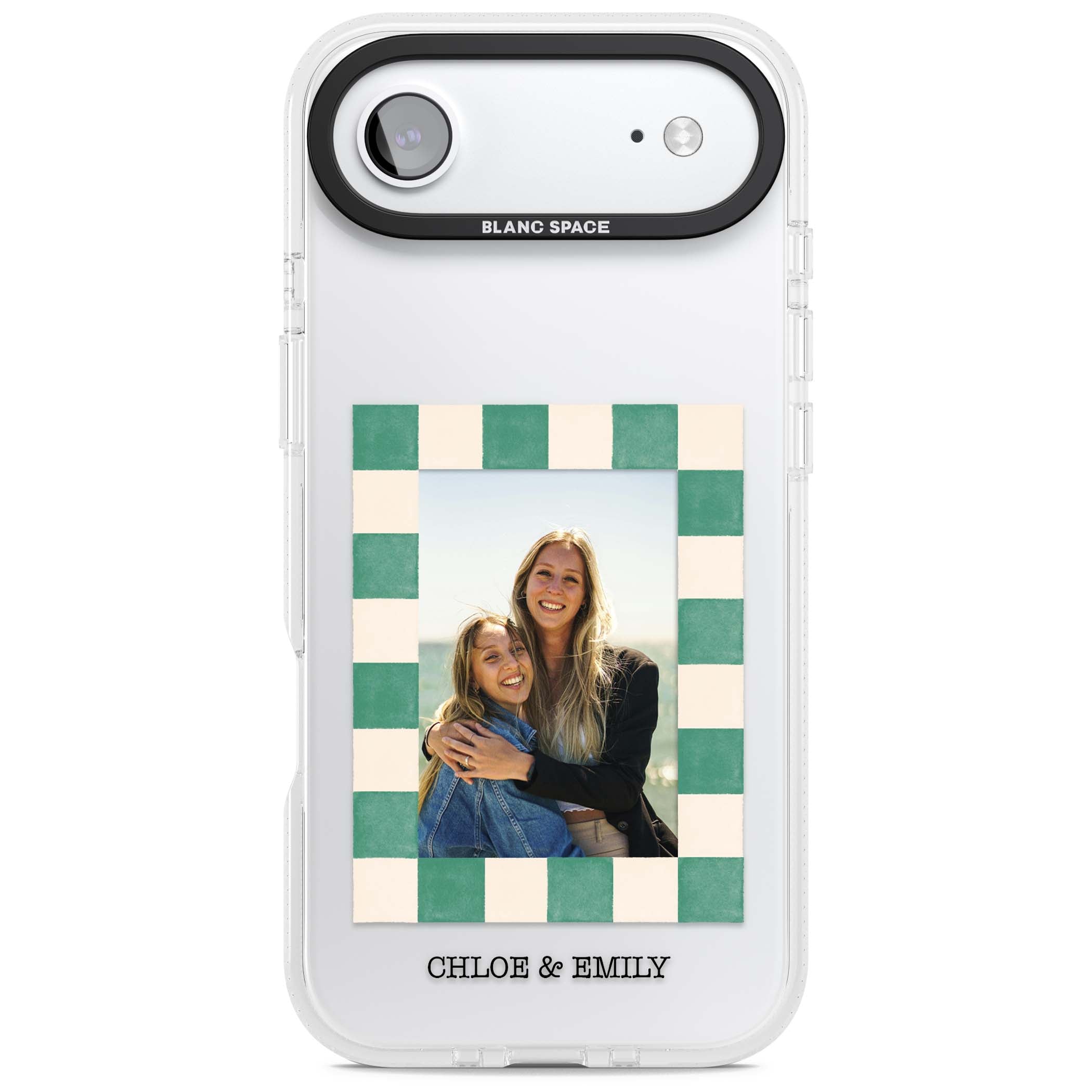Seafoam Check Photo personalised iPhone case featuring a custom polaroid photo, green and cream checkered frame, and custom n | Clear Case Impact Air case for iPhone Air