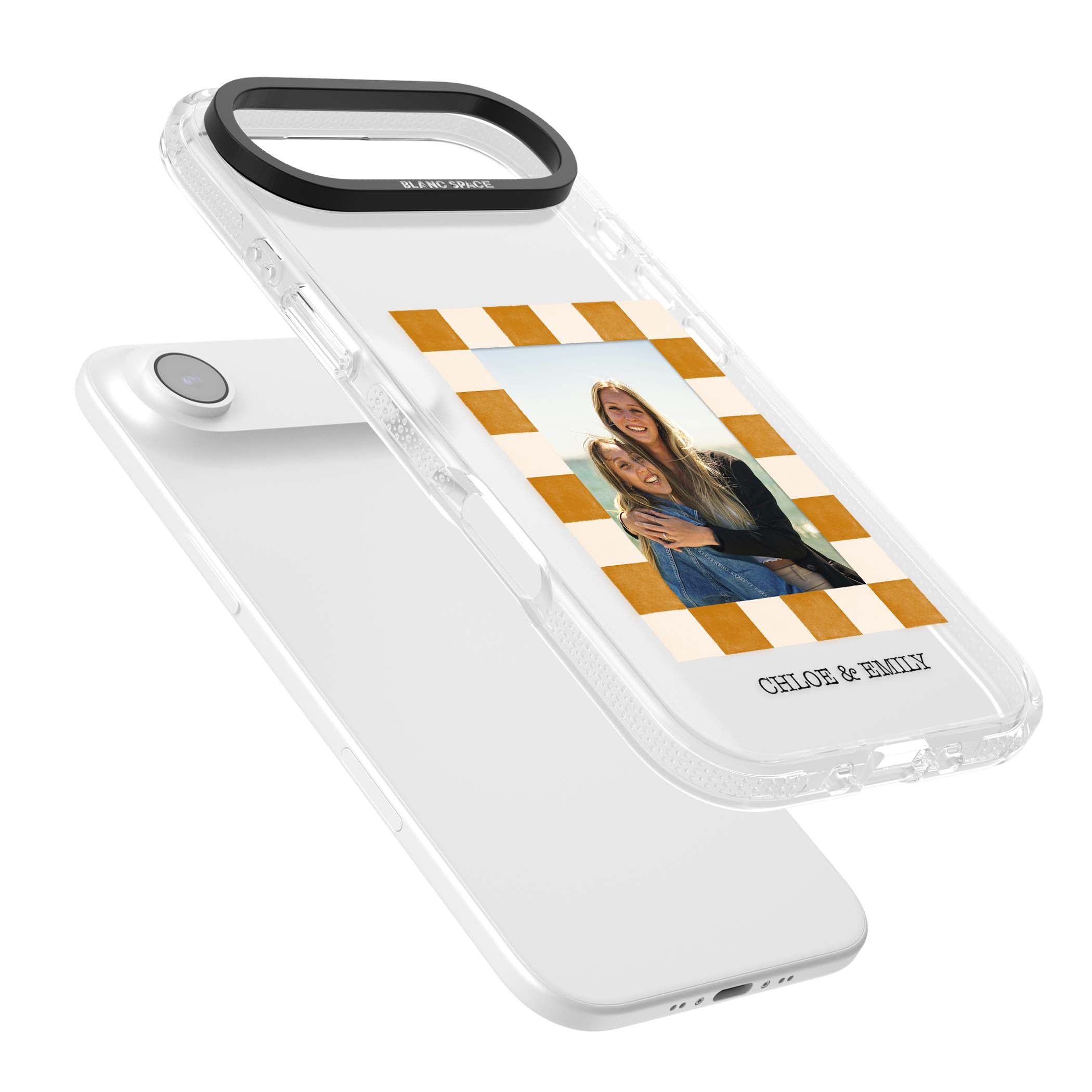 Citrus Check Photo personalised iPhone case with custom photo, orange checkered frame and names underneath | Clear Case Impact Air case for iPhone Air