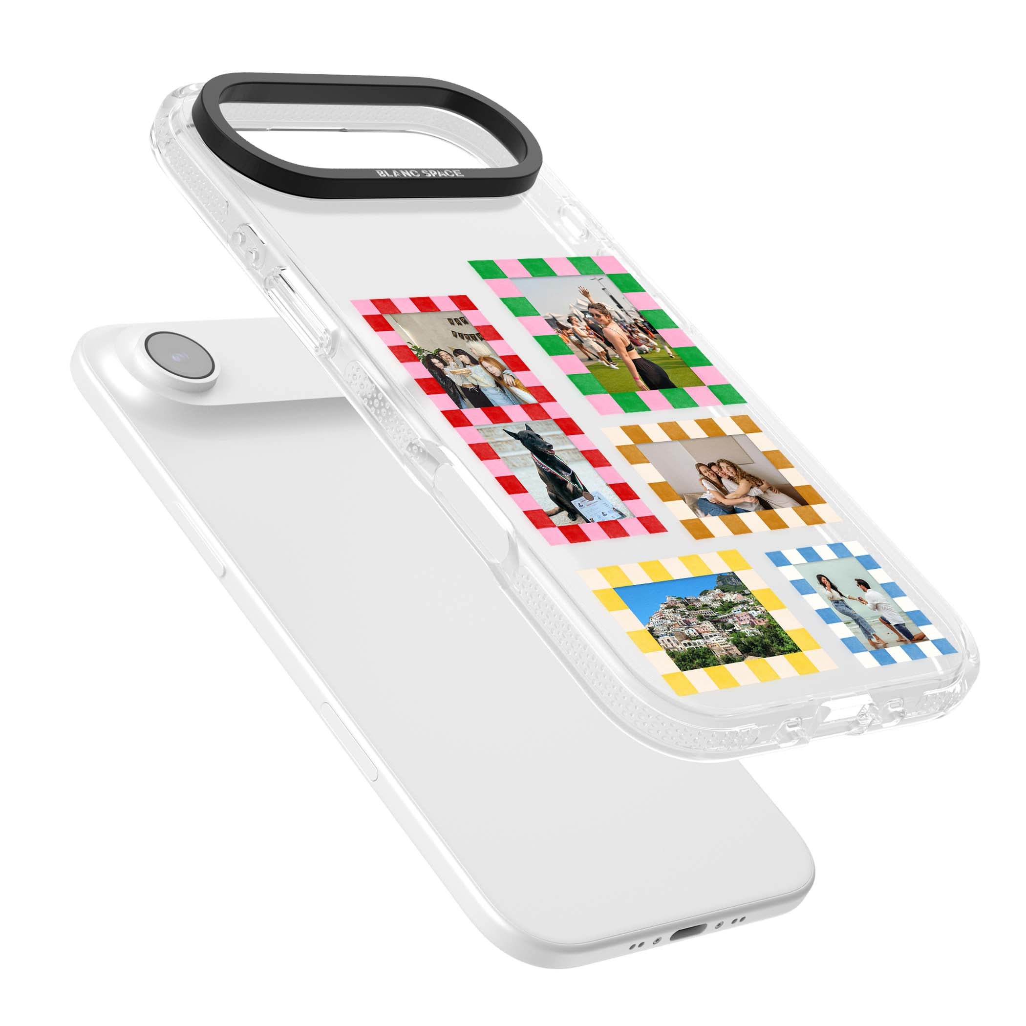 Italian Check Frames custom photo collage iPhone case featuring six checkered photo frames in red, green, pink and | Clear Case Impact Air case for iPhone Air