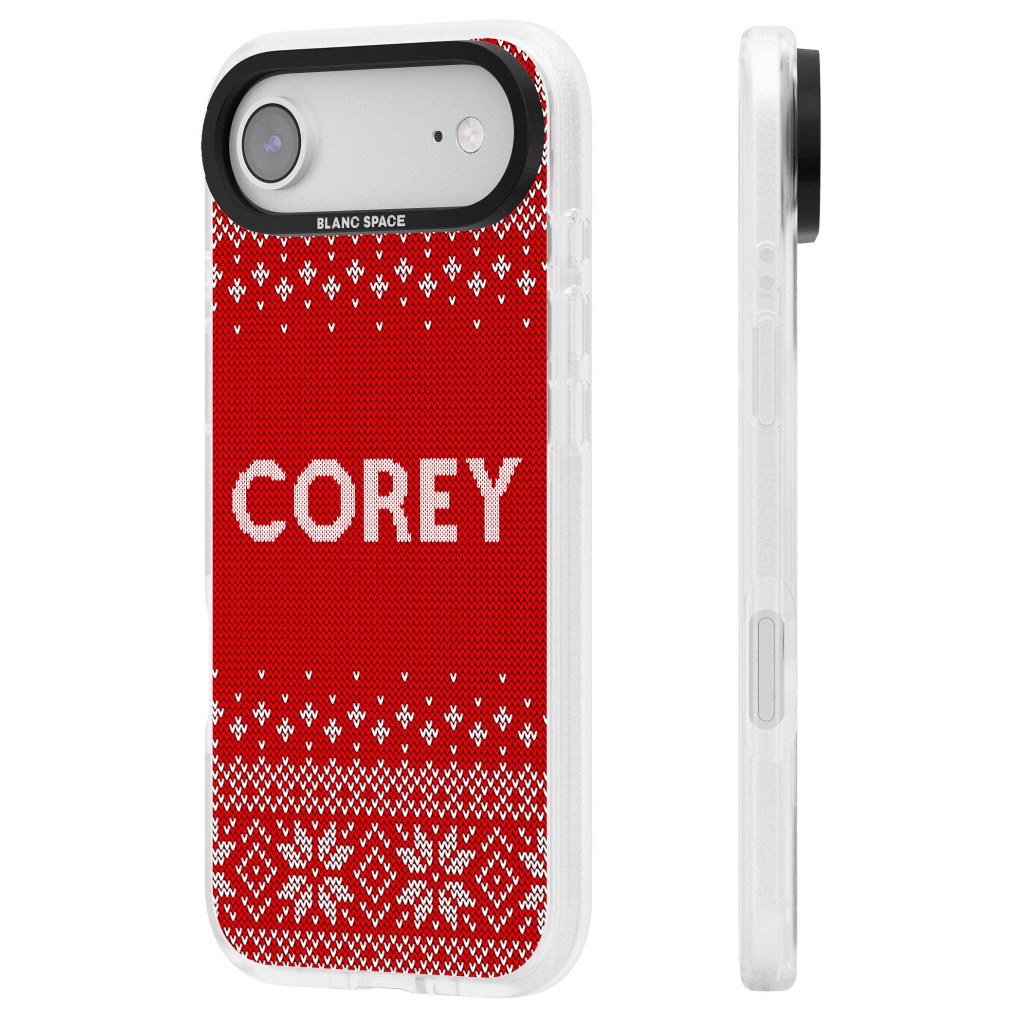 Personalised Red Christmas Knit iPhone 17 Air Impact Air Clear Phone Case Side Profile