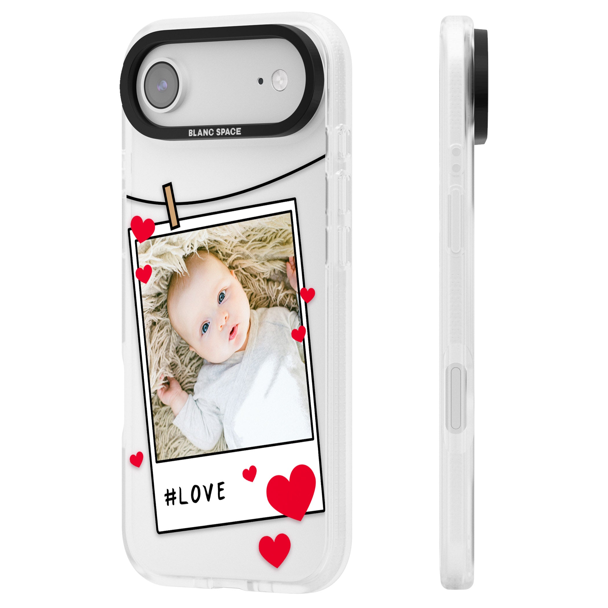 Personalised Paperclip & Hearts Instant Camera Photo iPhone 17 Air Impact Air Clear Phone Case Side Profile