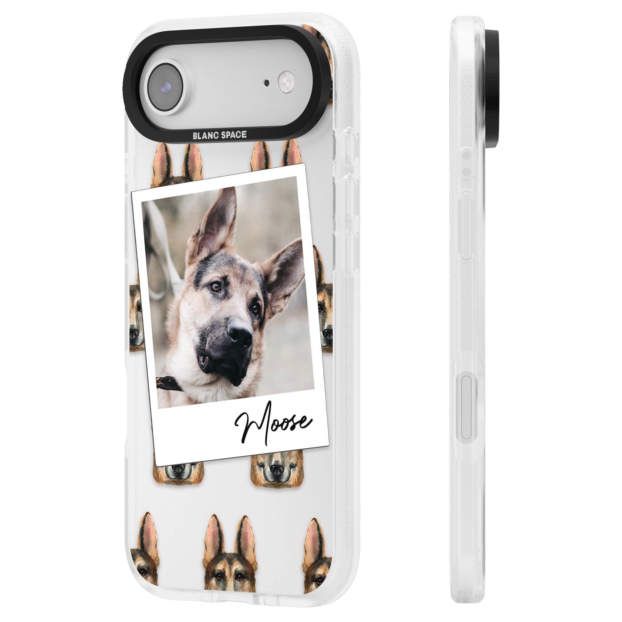 Personalised German Shepherd Instant Camera Photo iPhone 17 Air Impact Air Clear Phone Case Side Profile