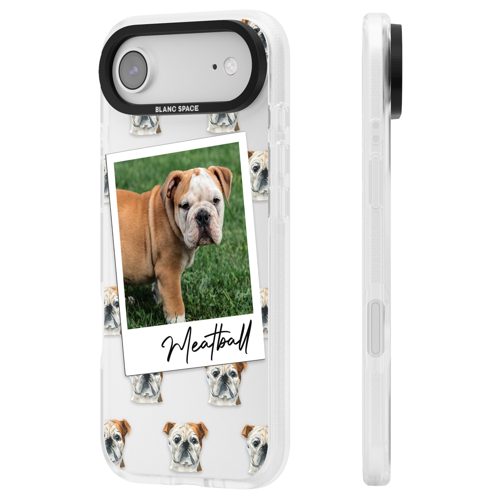 Personalised English Bulldog Instant Camera Photo iPhone 17 Air Impact Air Clear Phone Case Side Profile