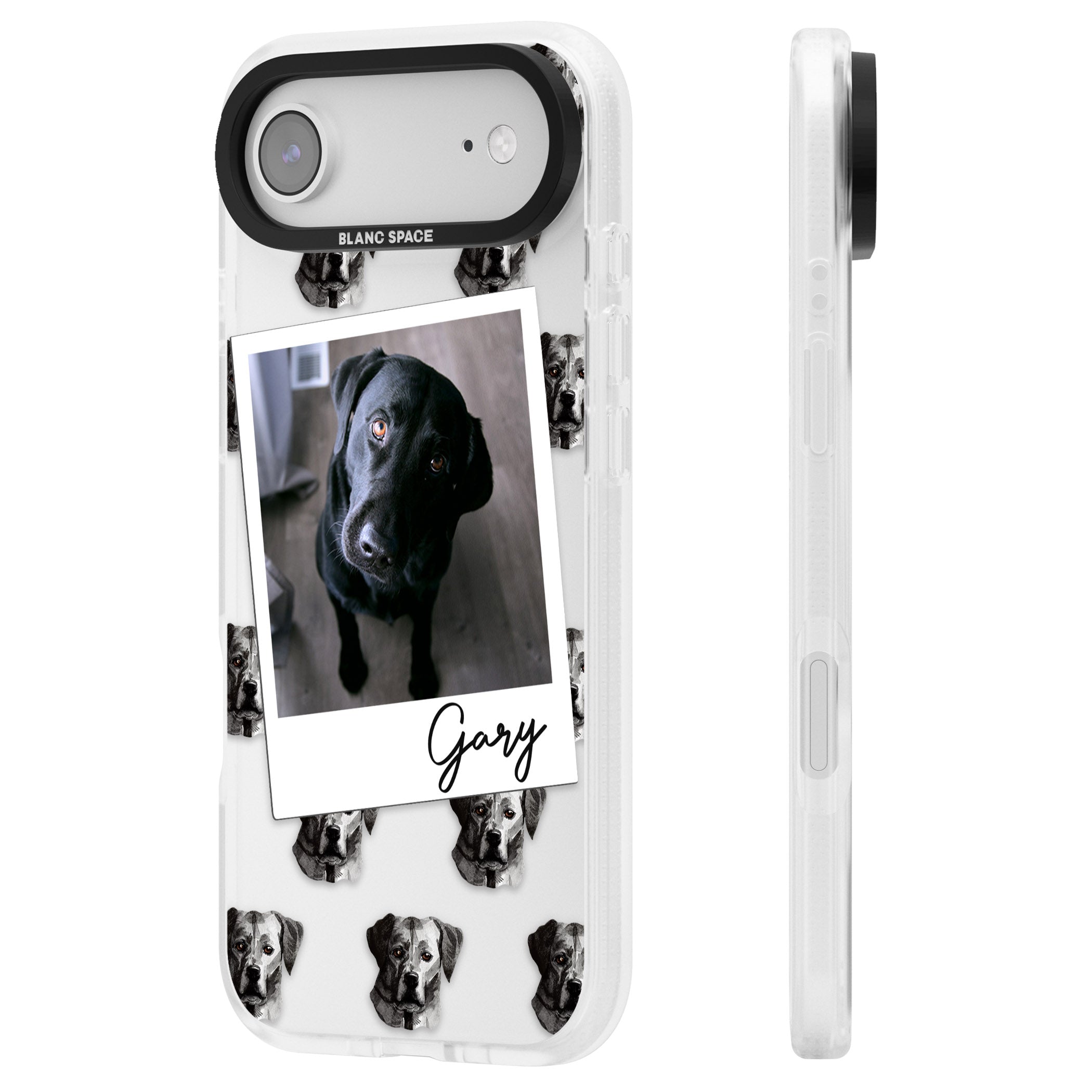 Personalised Black Labrador Instant Camera Photo iPhone 17 Air Impact Air Clear Phone Case Side Profile