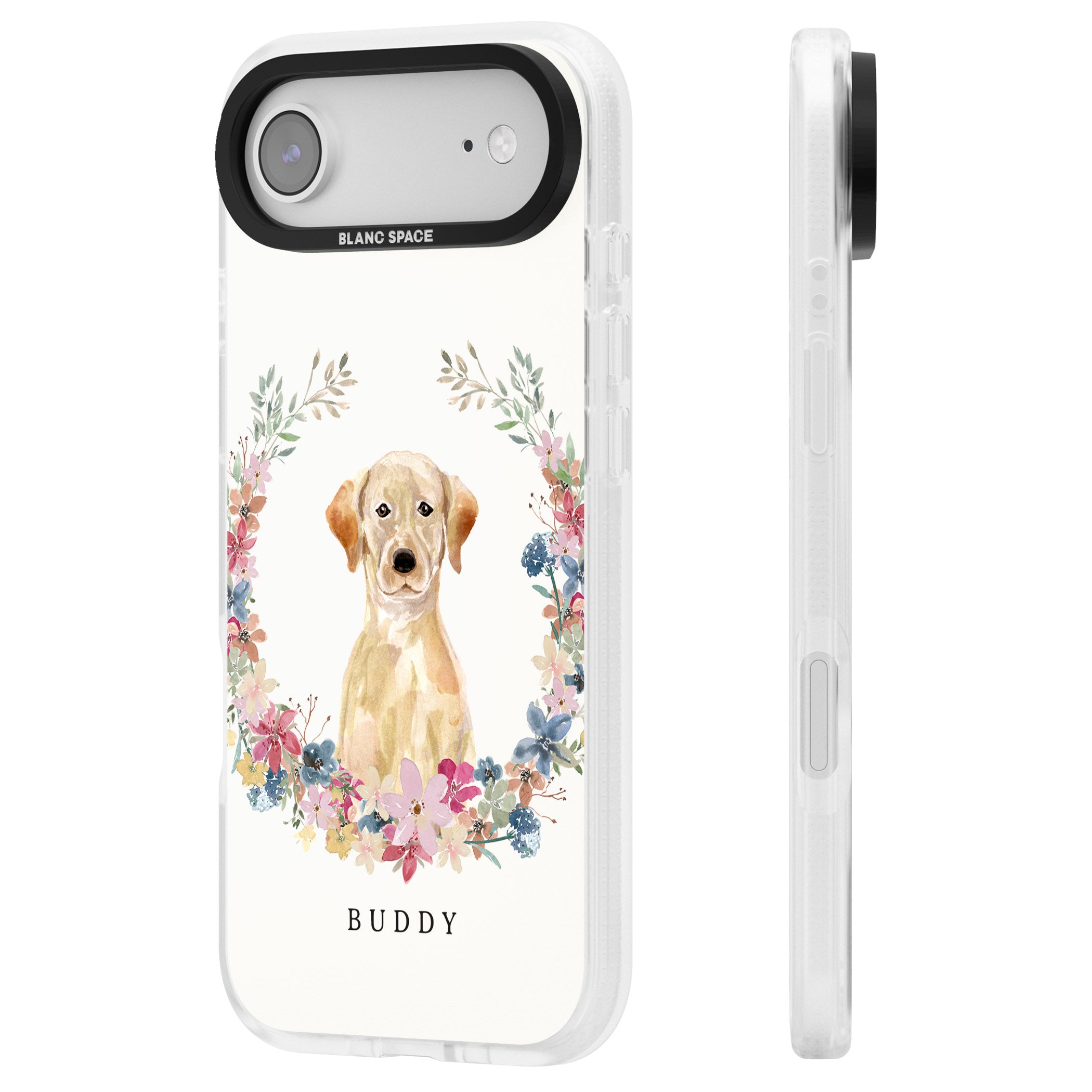 Personalised Yellow Labrador Retriever Floral Portrait iPhone 17 Air Impact Air Clear Phone Case Side Profile