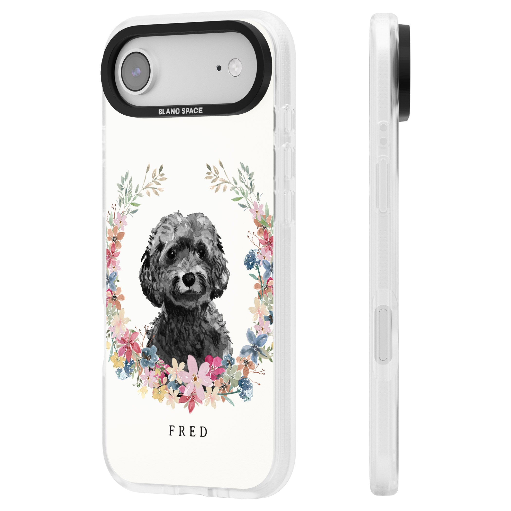 Personalised Black Cockapoo Floral Portrait iPhone 17 Air Impact Air Clear Phone Case Side Profile