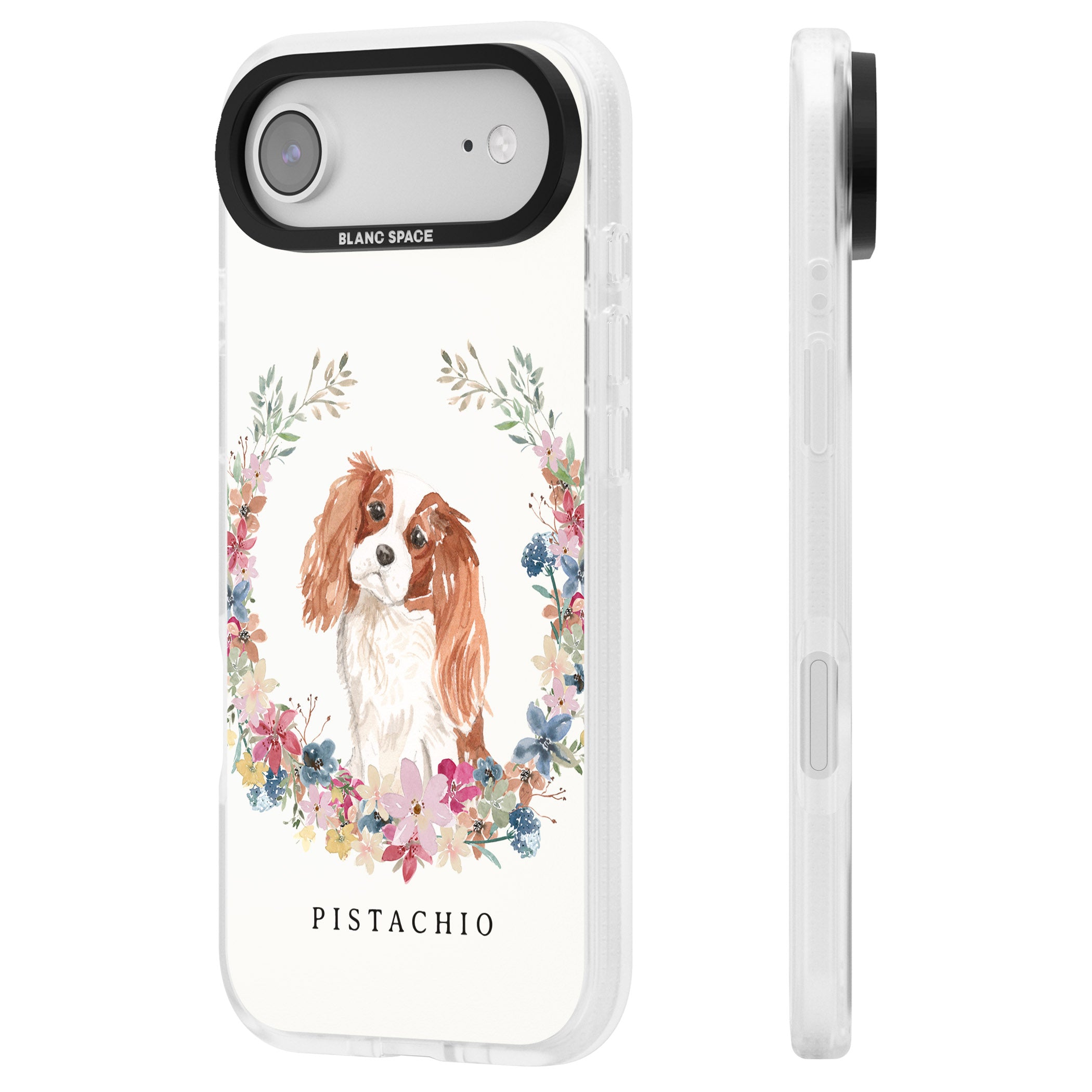 Personalised Cavalier King Charles Floral Portrait iPhone 17 Air Impact Air Clear Phone Case Side Profile