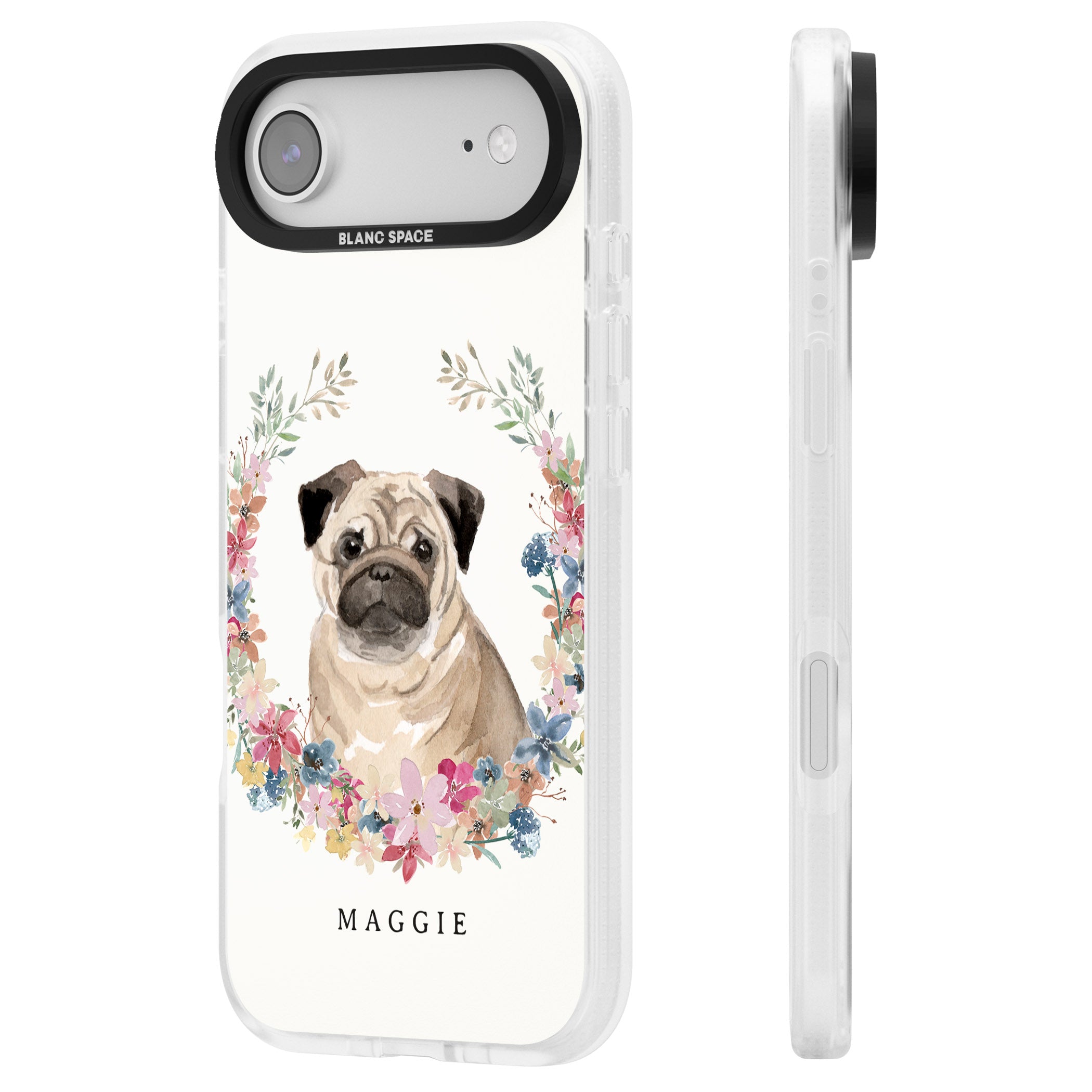 Personalised Pug Floral Portrait iPhone 17 Air Impact Air Clear Phone Case Side Profile