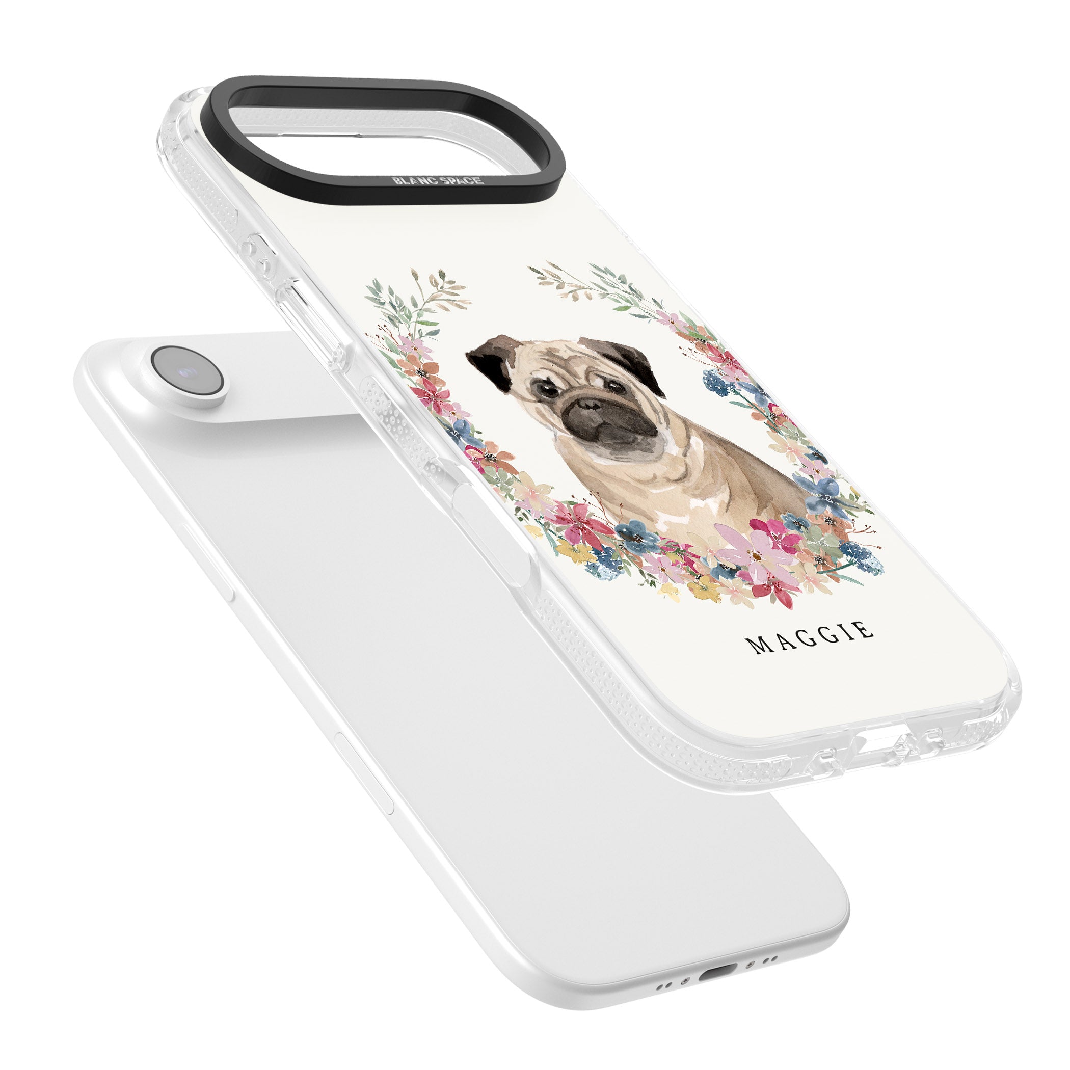 Personalised Pug Floral Portrait iPhone 17 Air Impact Air Clear Phone Case Colours