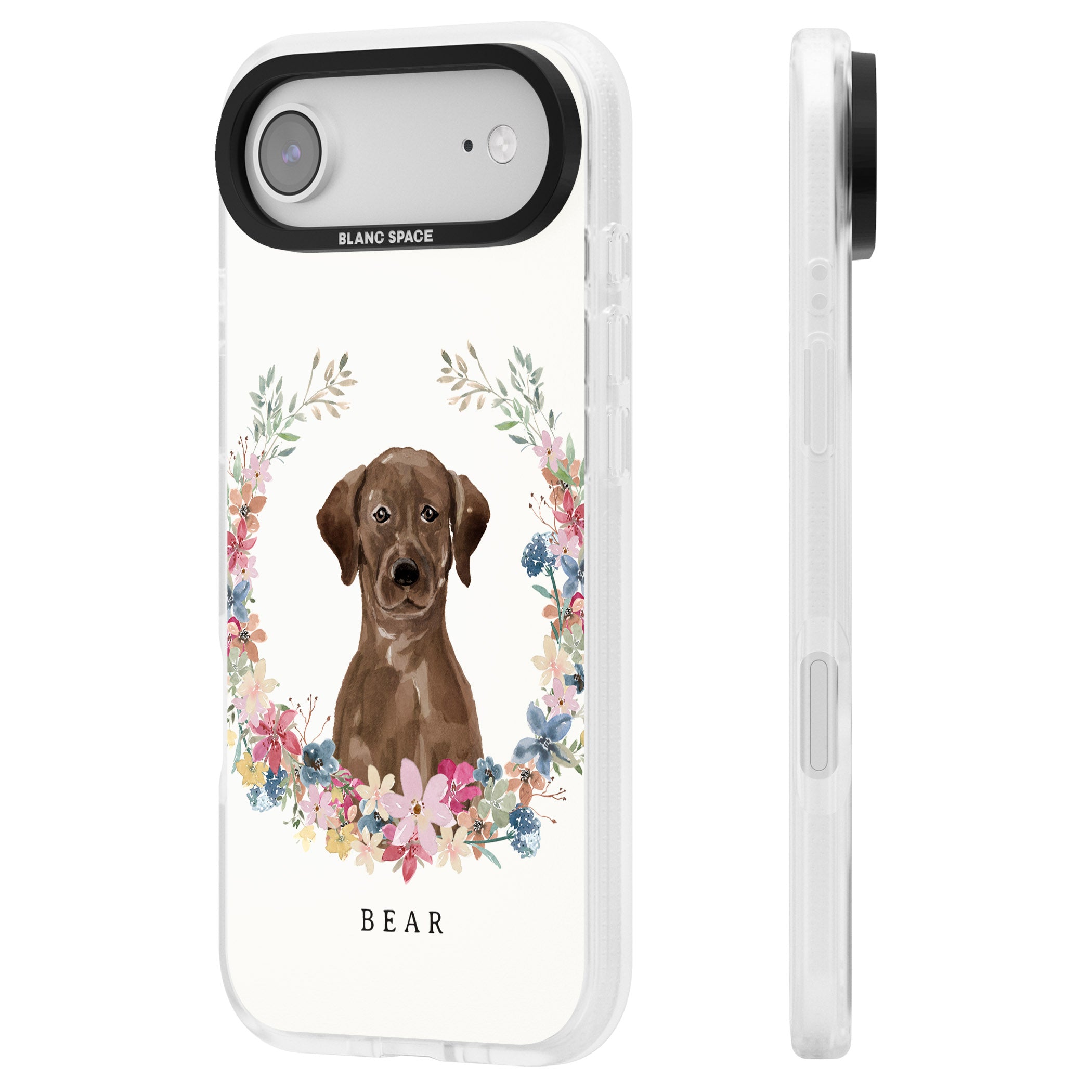 Personalised Chocolate Labrador Floral Portrait iPhone 17 Air Impact Air Clear Phone Case Side Profile
