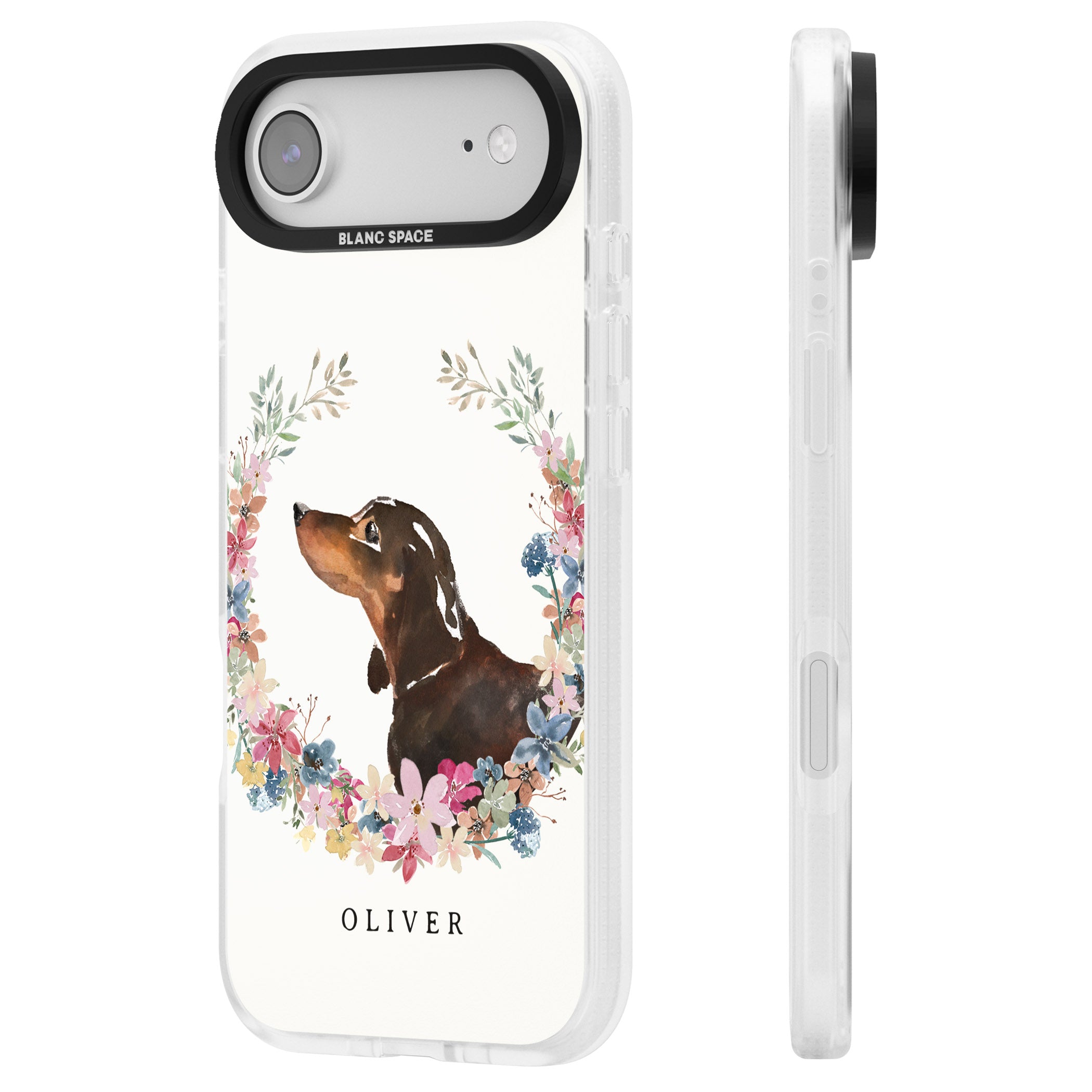Personalised Black & Tan Dachshund Floral Portrait iPhone 17 Air Impact Air Clear Phone Case Side Profile
