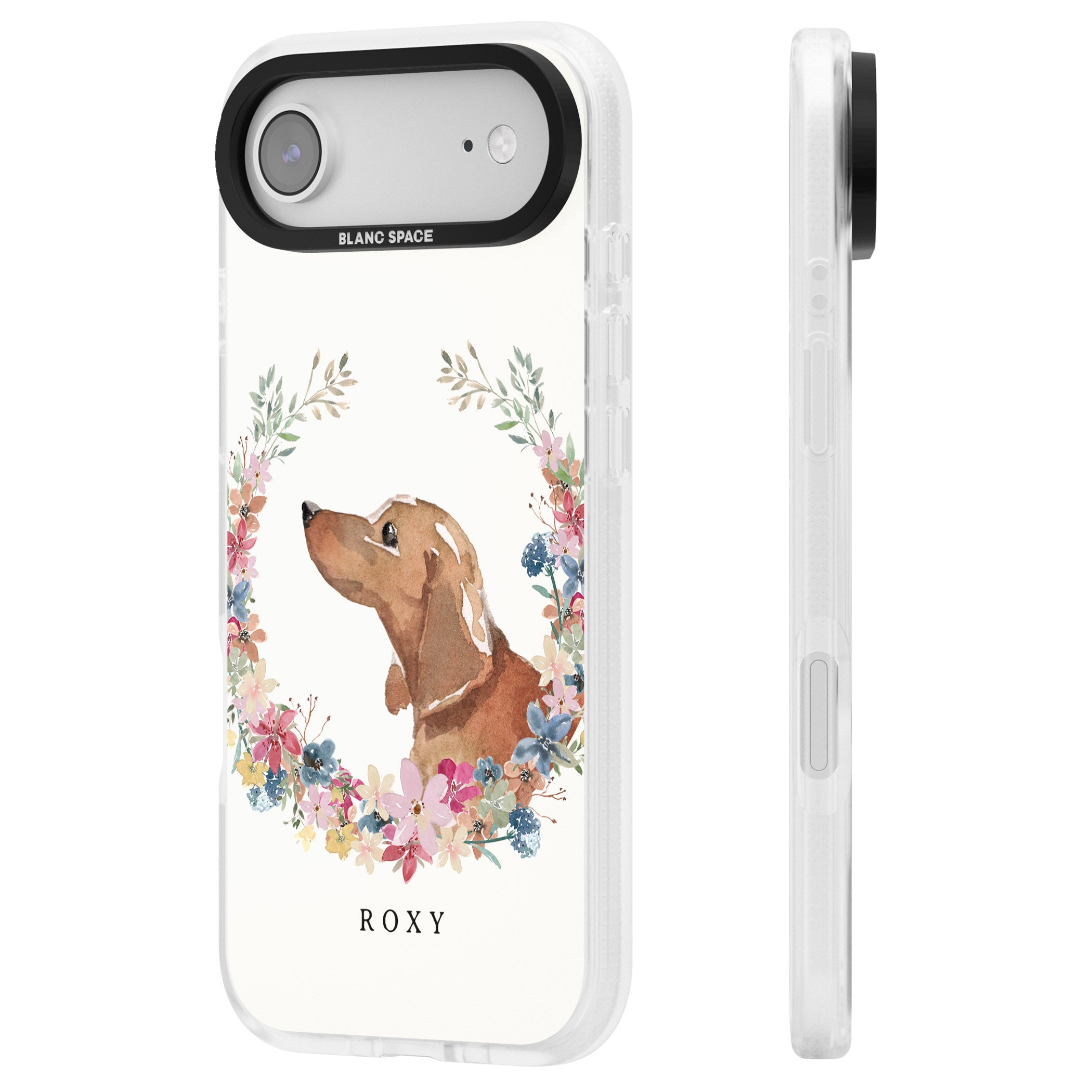 Personalised Tan Dachshund Floral Portrait iPhone 17 Air Impact Air Clear Phone Case Side Profile