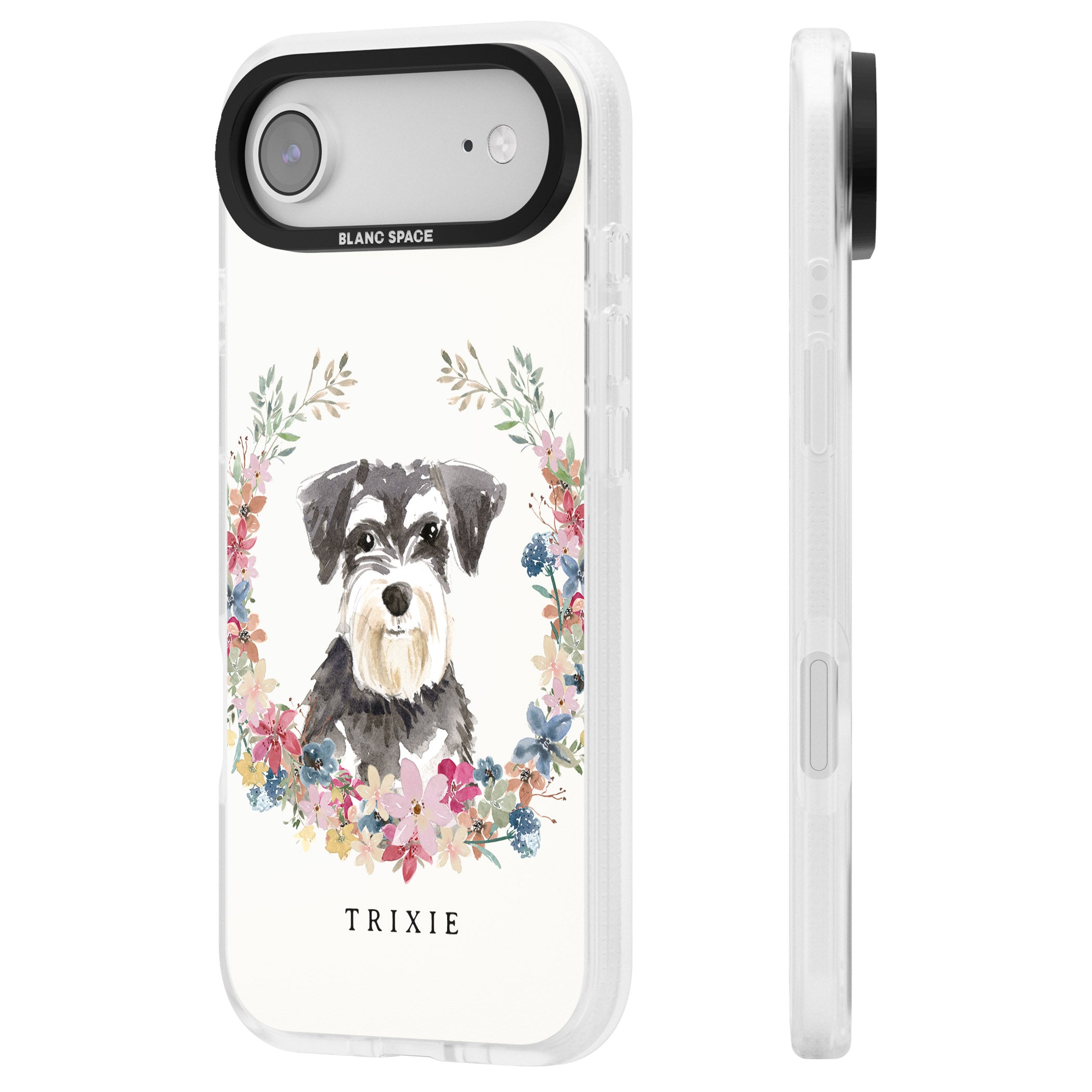Personalised Watercolor Schnauzer Floral Portrait iPhone 17 Air Impact Air Clear Phone Case Side Profile