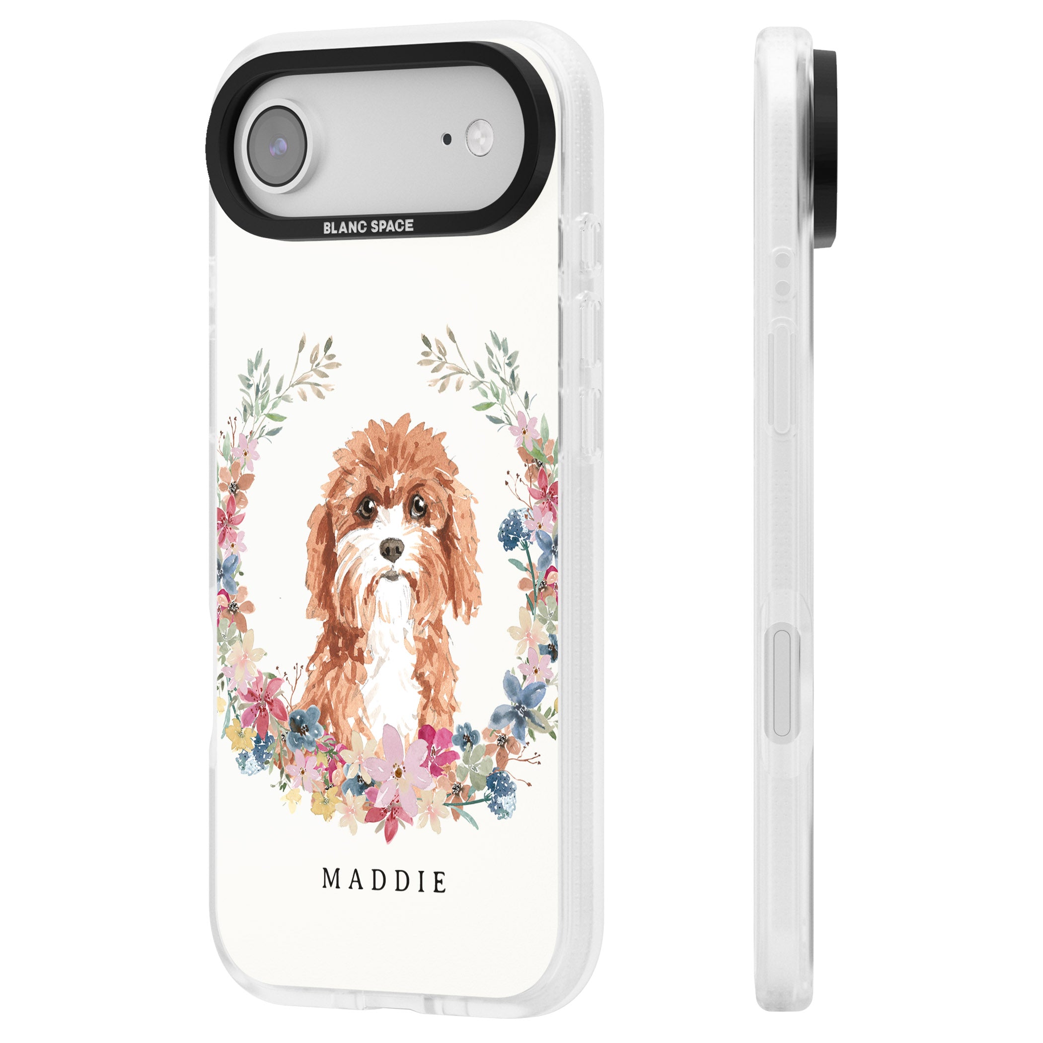 Personalised Cavapoo Floral Portrait iPhone 17 Air Impact Air Clear Phone Case Side Profile