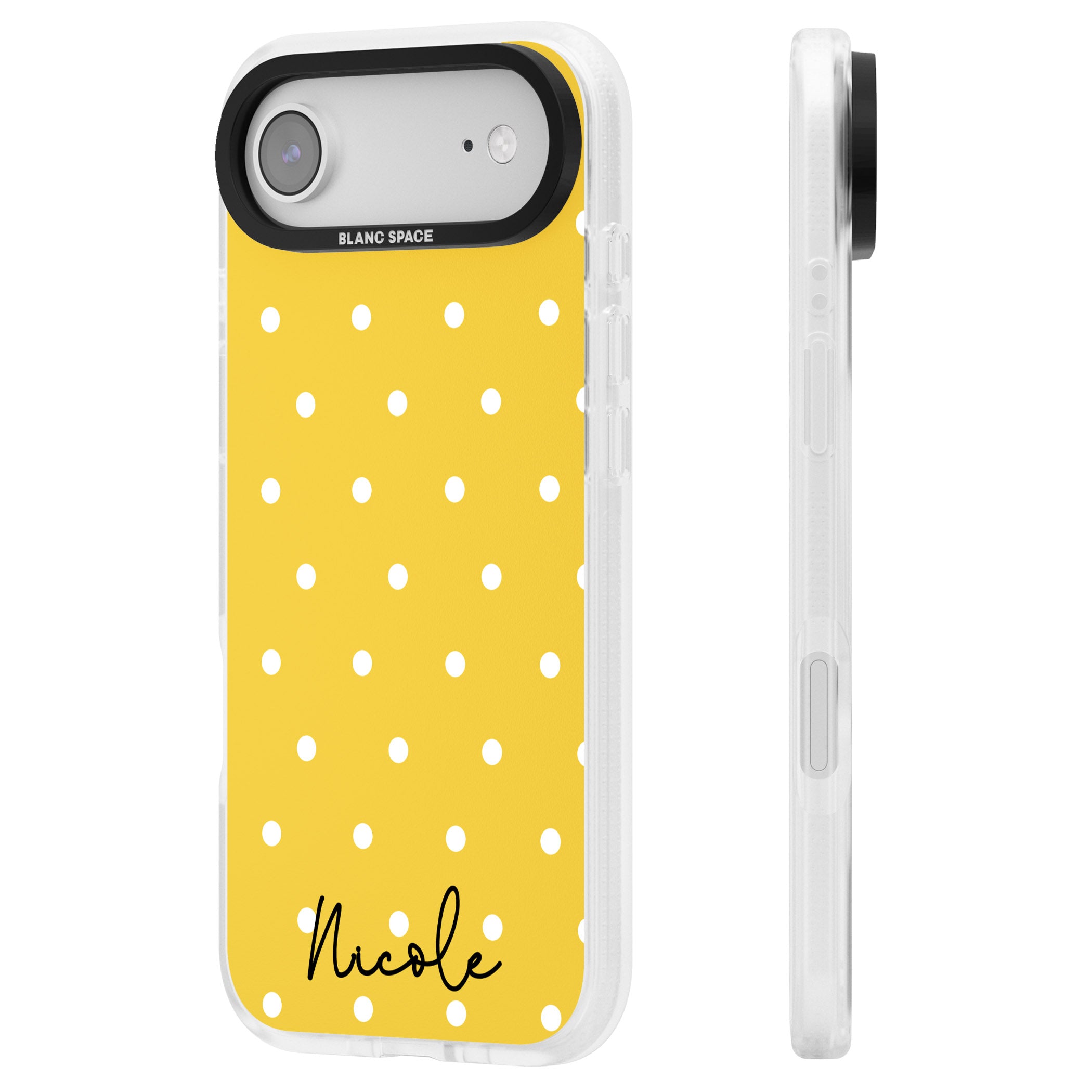 Personalised Yellow Polka Dot iPhone 17 Air Impact Air Clear Phone Case Side Profile