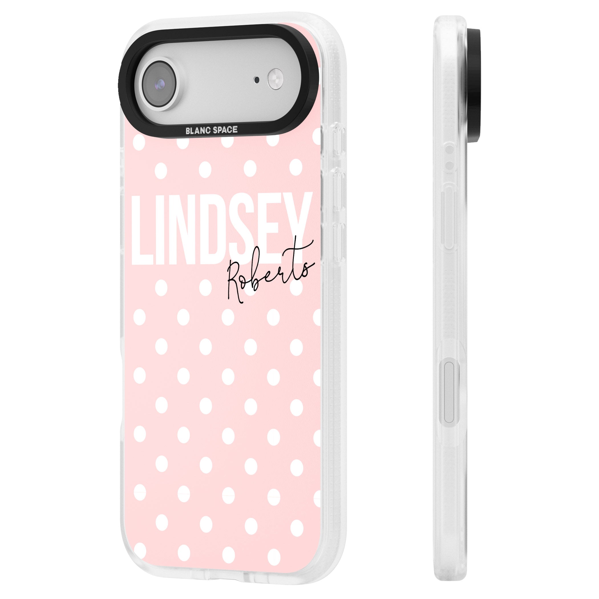 Personalised Pink Polka iPhone 17 Air Impact Air Clear Phone Case Side Profile
