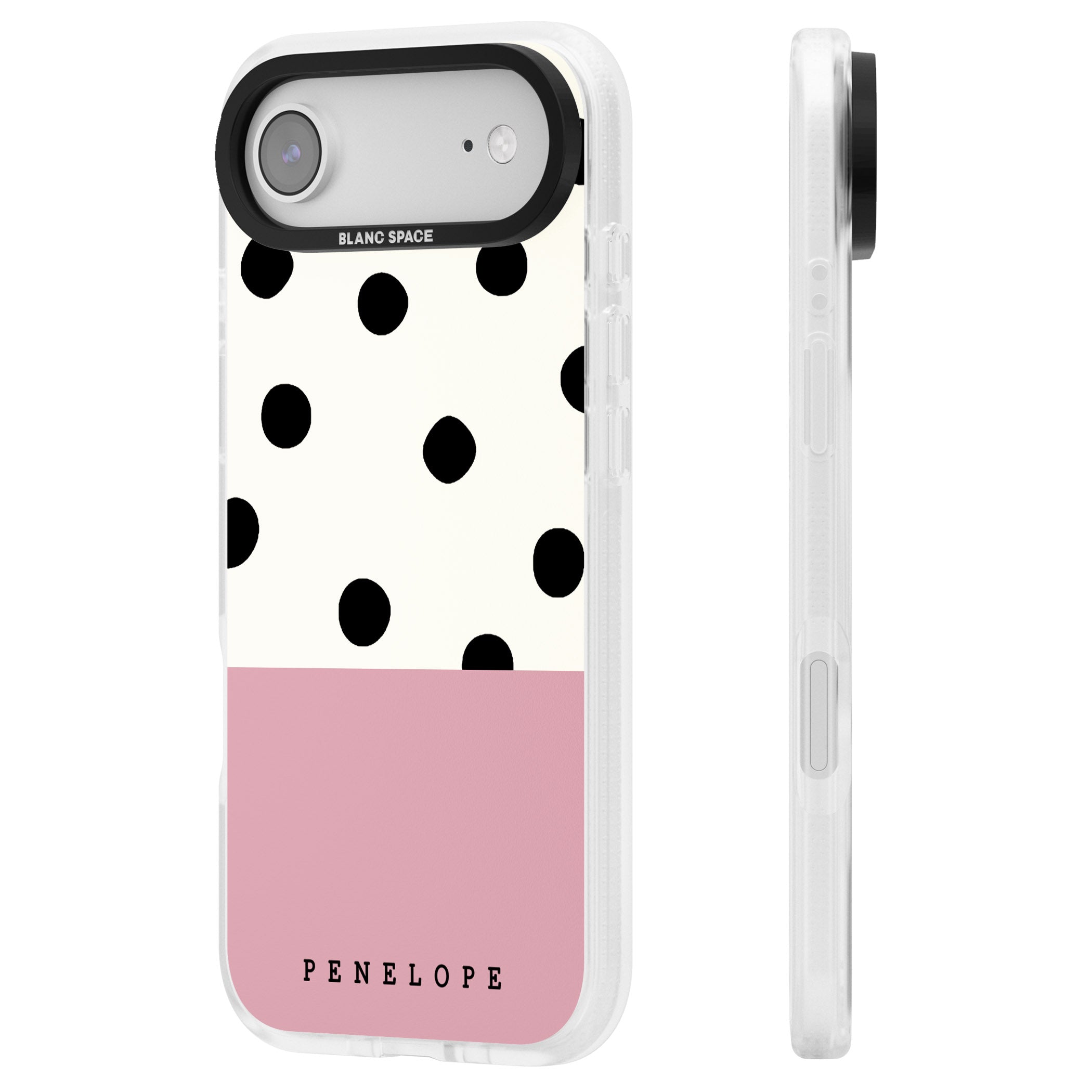 Personalised Pink Border Polka Dot iPhone 17 Air Impact Air Clear Phone Case Side Profile